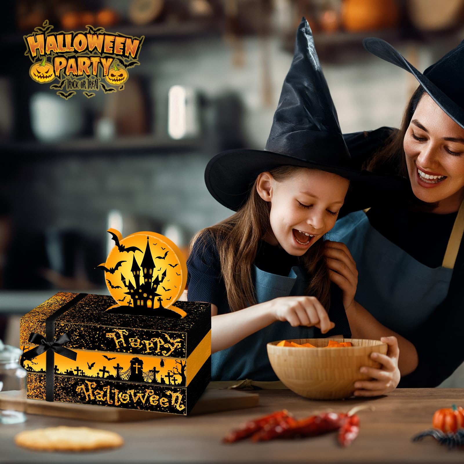 Culudea 4 Pcs Halloween Decorations for Home Castle Table Decor Halloween Bat Wooden Faux Book Stack Sign Tiered Tray Decor Spoo