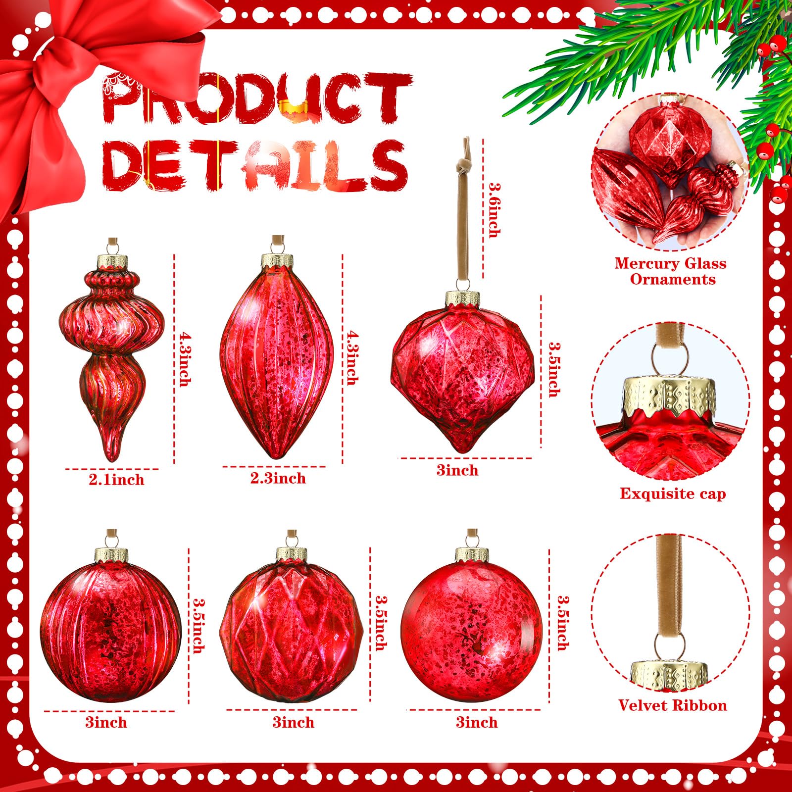 Civaner Set of 6 Red Mercury Glass Christmas Ornaments Large Hanging Mercury Glass Balls Finials Ornaments for Christmas Tree De