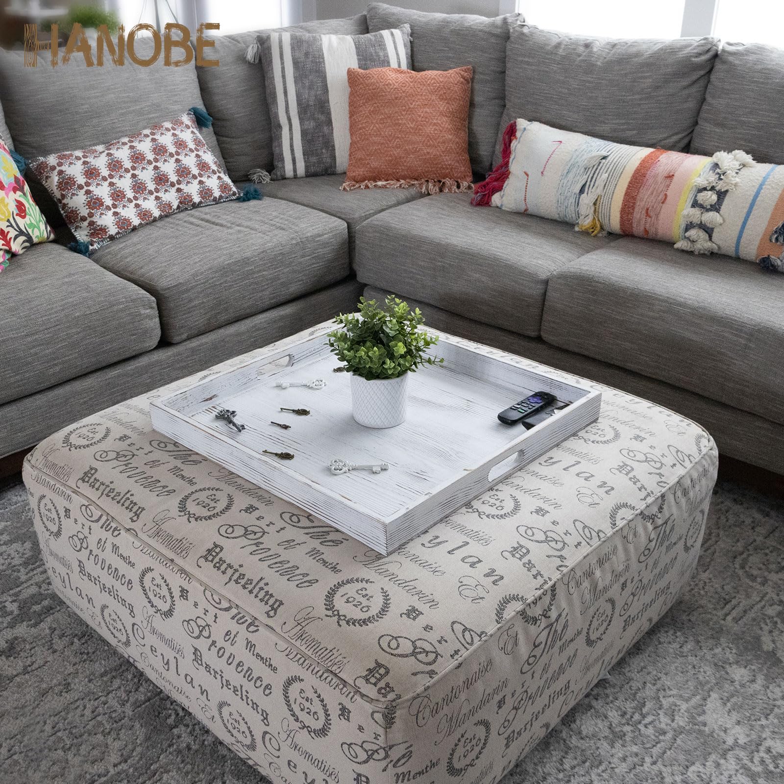 Hanobe Square Large Ottoman Tray: Extra Large Serving Tray With Handles Rustic Wood Whitewash Decorative Coffee Table Trays Farm