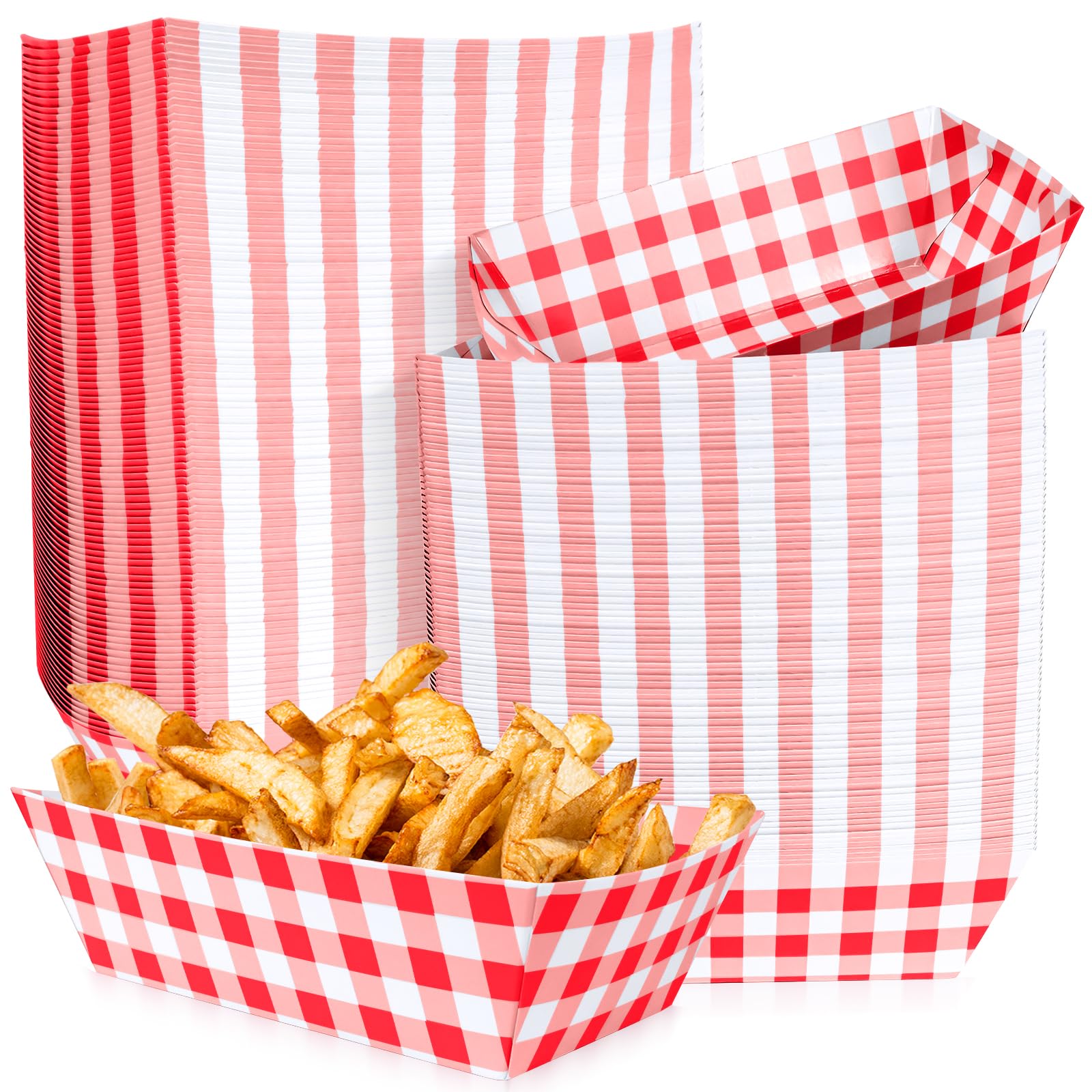 JCTHKUKU 100 Pcs Red Gingham Paper Food Trays, Pre-Folded Red Checkered Disposable Food Boats for Hot Dogs, Fries, Nachos, Snack