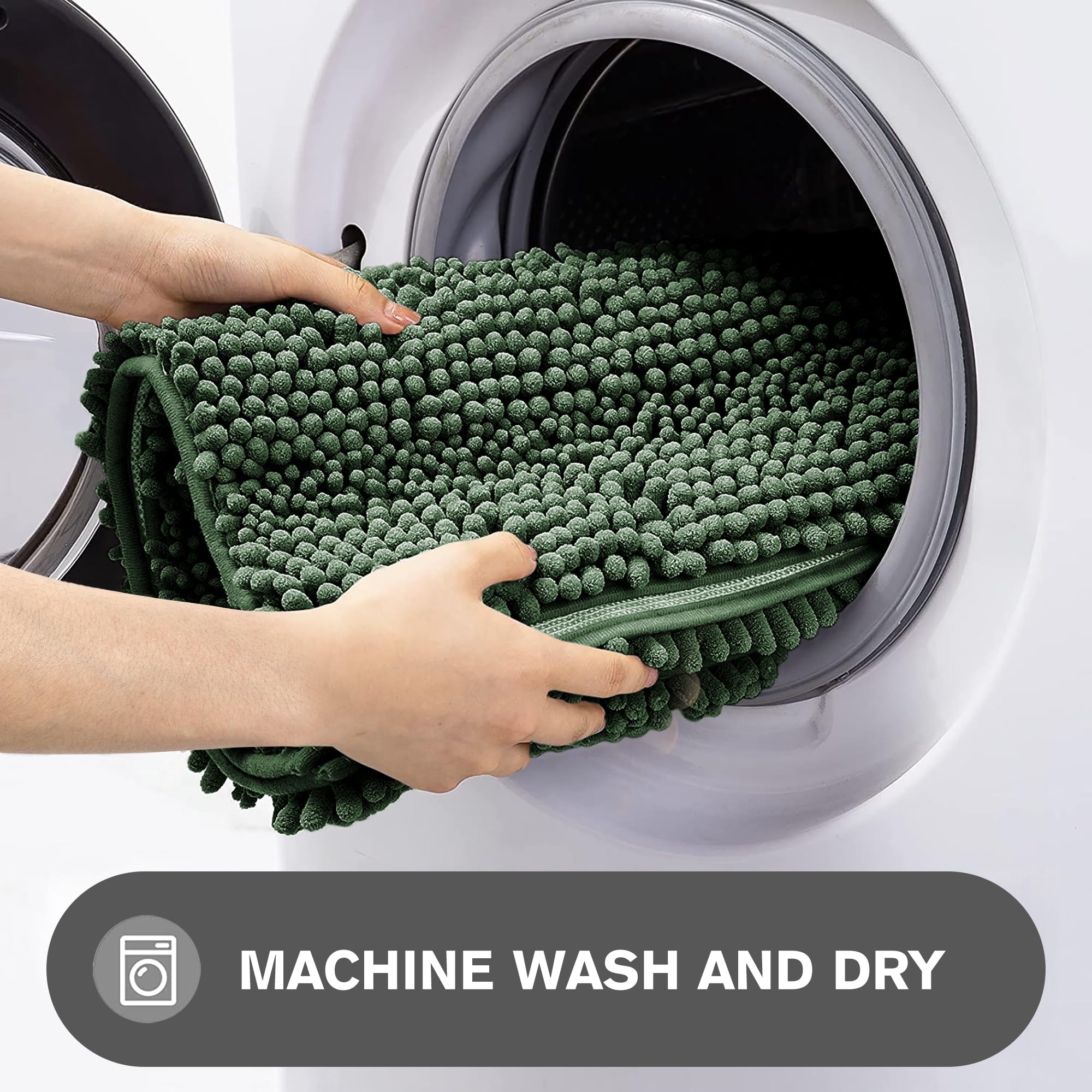 Pureswan Dark Green Bathroom Rugs - Absorbent And Washable Bath Mat, Non-Slip, Thick Soft Chenille Bath Rugs For Bathroom Floor,