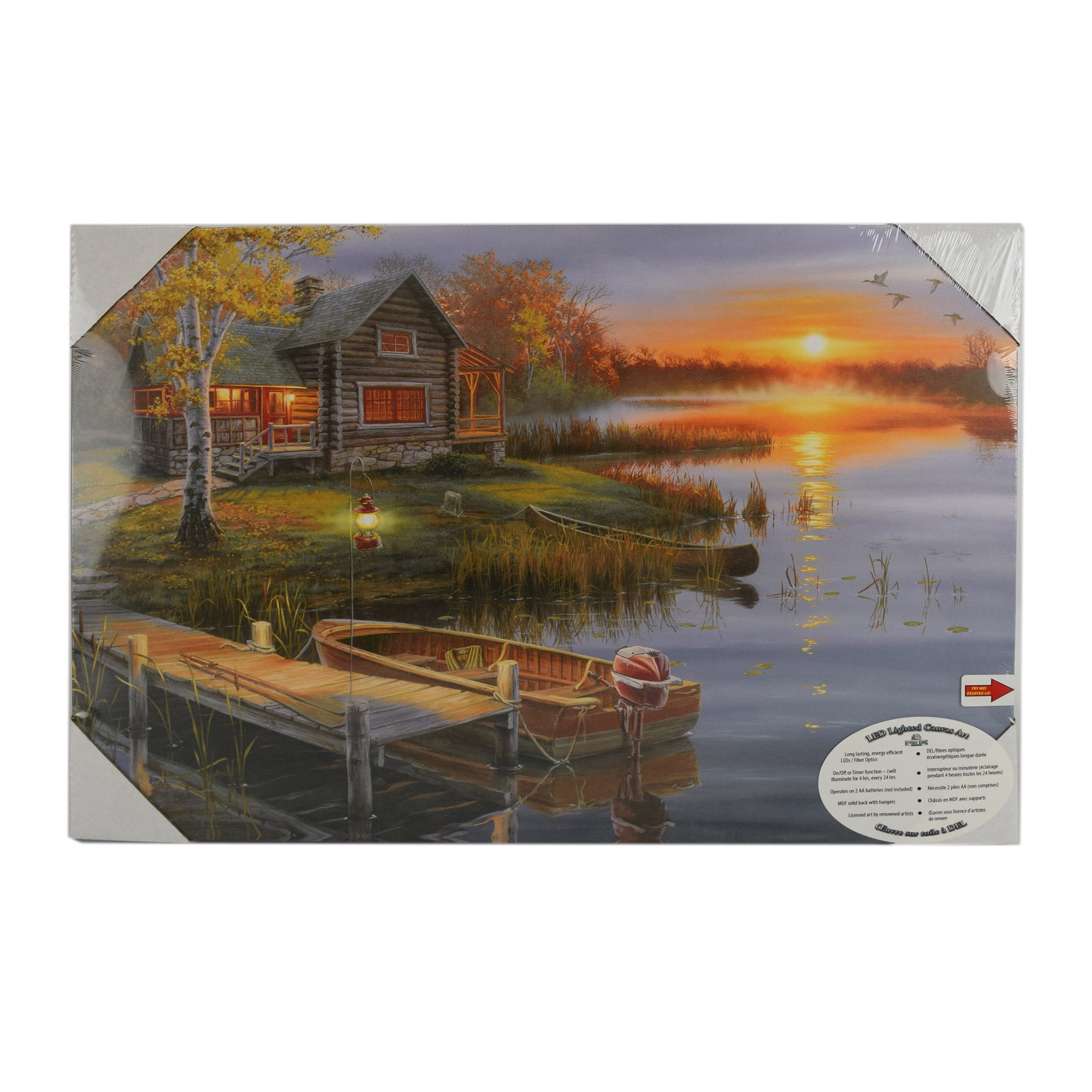Rivers Edge Products LED Canvas Wall Art  24 by 16 Inches  Fiber Optic Light Up Wall Decor  Battery Operated Lighted Nature Canvas Print  LED Light Kitchen  Bedroom  or Home Decor  Lake Cabin