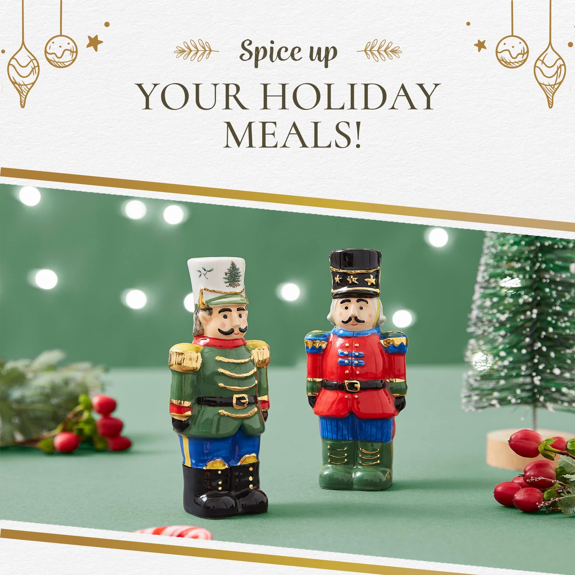 Spode Christmas Tree Collection Nutcracker Salt and Pepper Shaker Set  Green  Measures 4.5-Inches  Holiday Kitchen and Table Shaker  Festive Home D?cor
