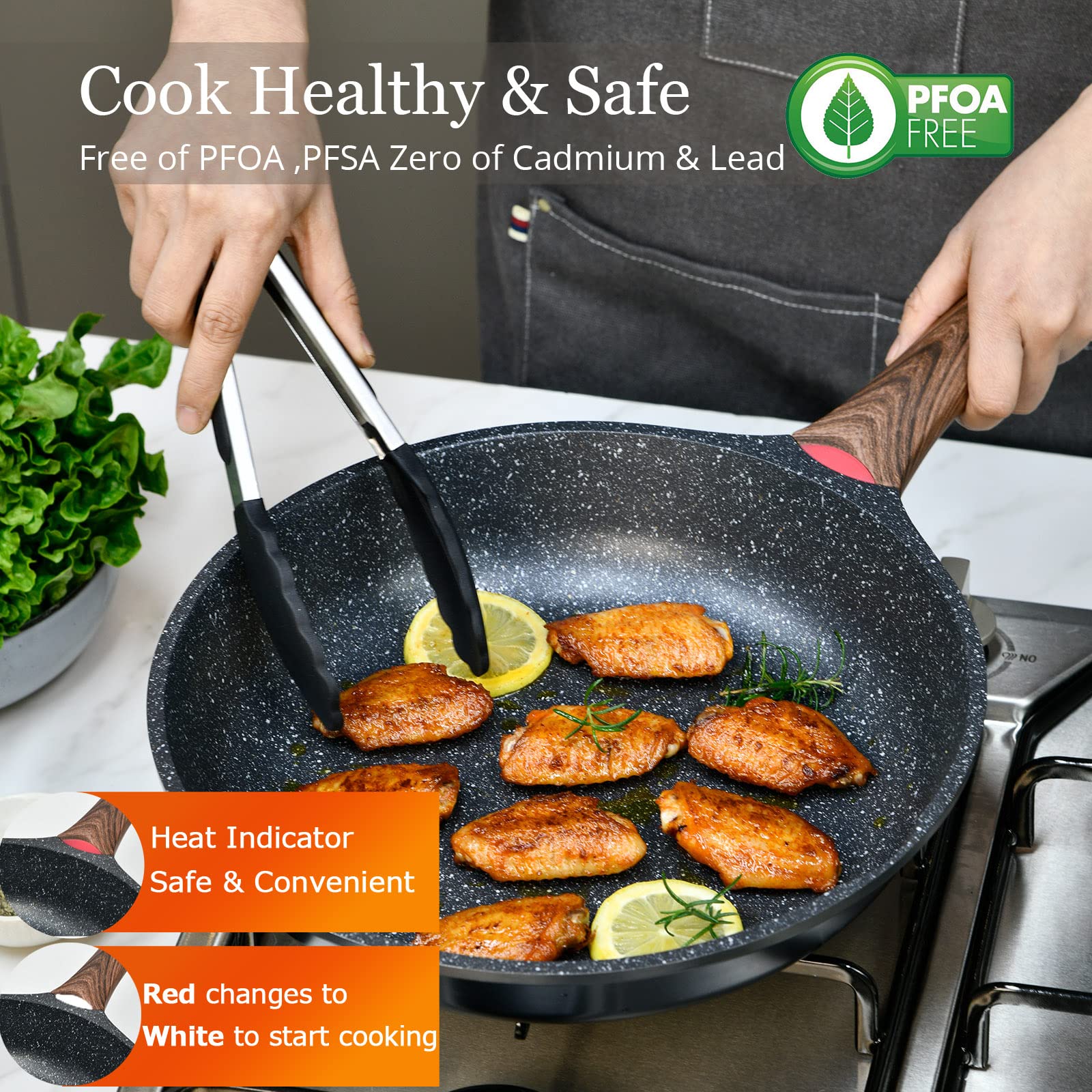 DIIG Nonstick Frying Pan with Lid  12 in No Stick PFOA-Free Granite Stone Coating Chef's Pan  Large 30 cm Cooking Pans for Family  Gift Cookware Pan Set for Gas Stove  Induction Top