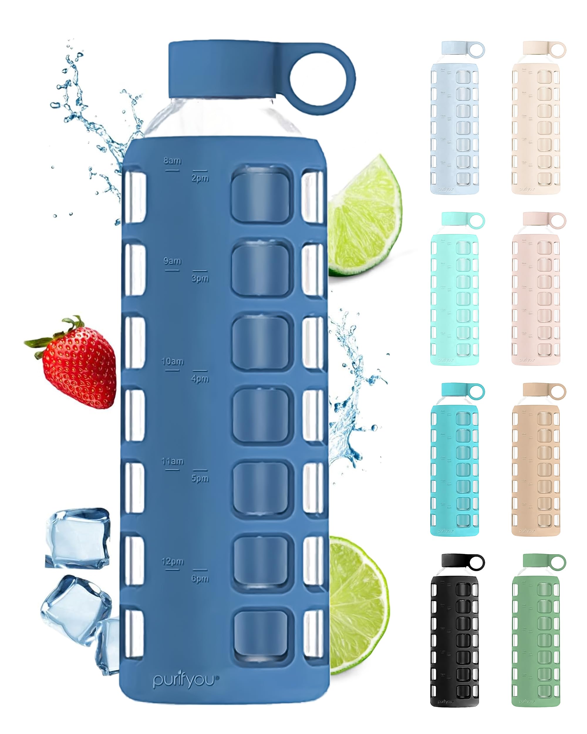 purifyou 40oz / 32oz / 22oz / 12oz Borosilicate Glass Water Bottle with Time & Volume Markers, Silicone Sleeve, Stainless Steel 