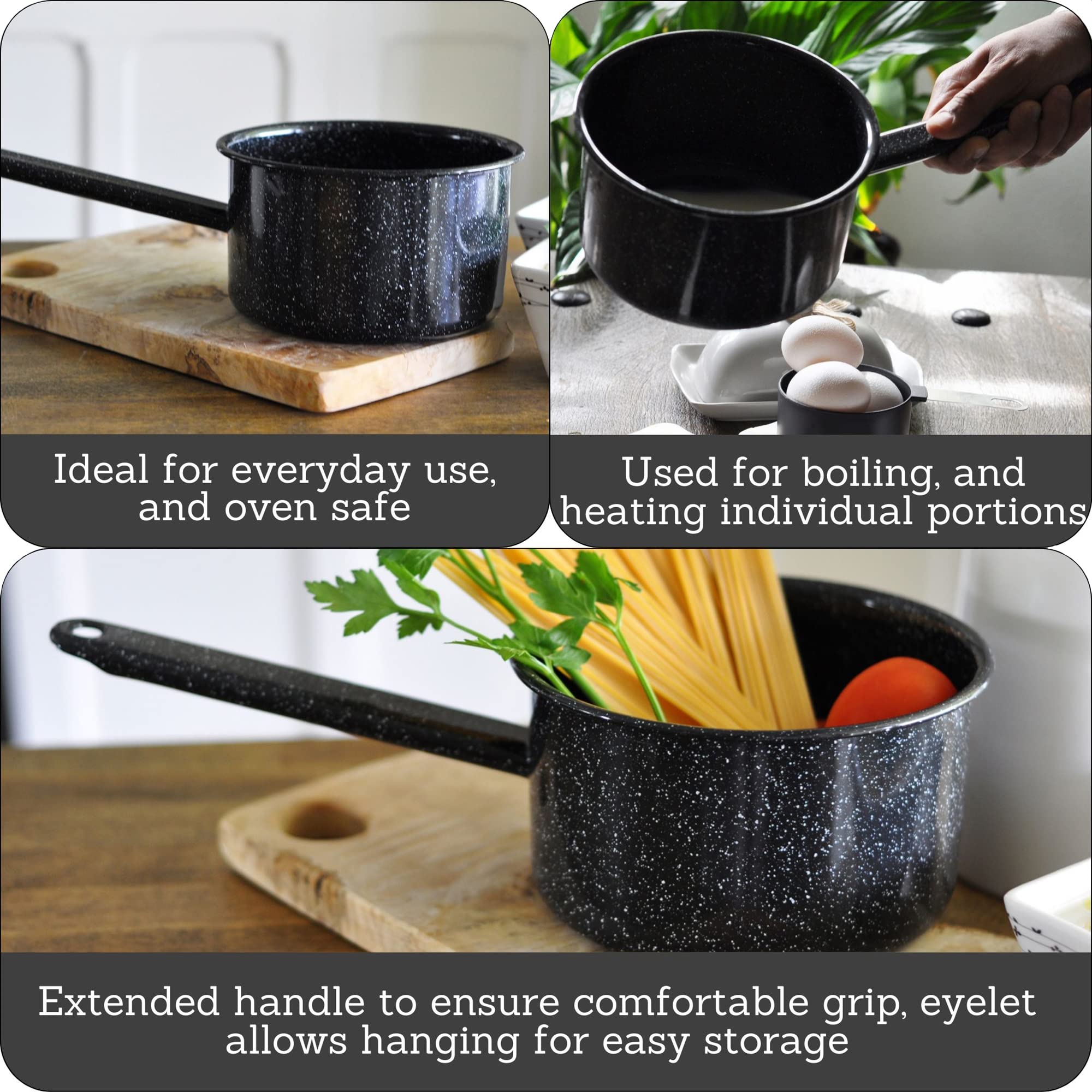 Mirro Enamel Saucepan 1.25qt, Alloy Steel, Black with Speckles, Model MIR-10709