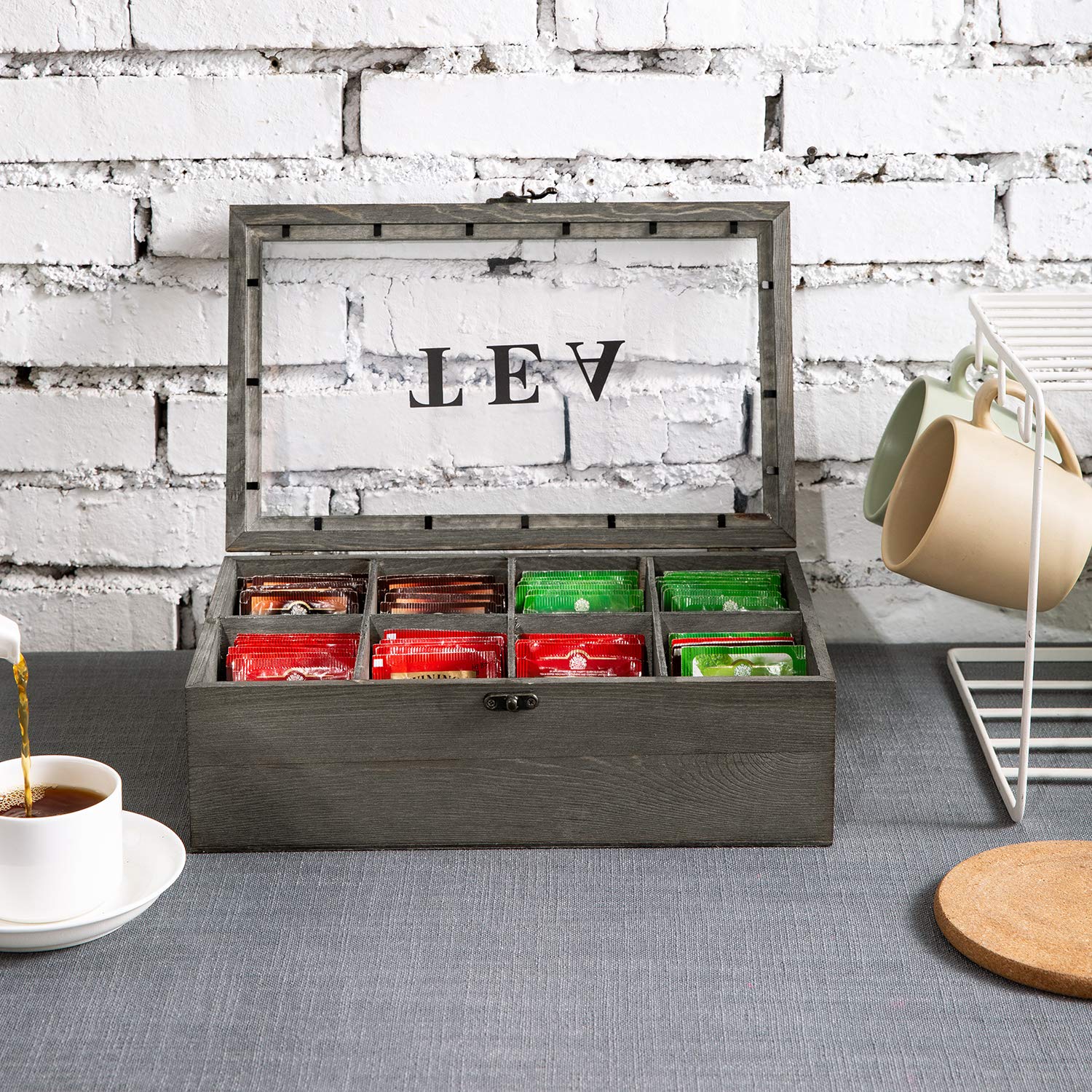 Mygift Vintage Gray Solid Wood Tea Bag Box Organizer Storage Chest With 8 Compartments, Tea Bags And Condiments Packet Holder Wi