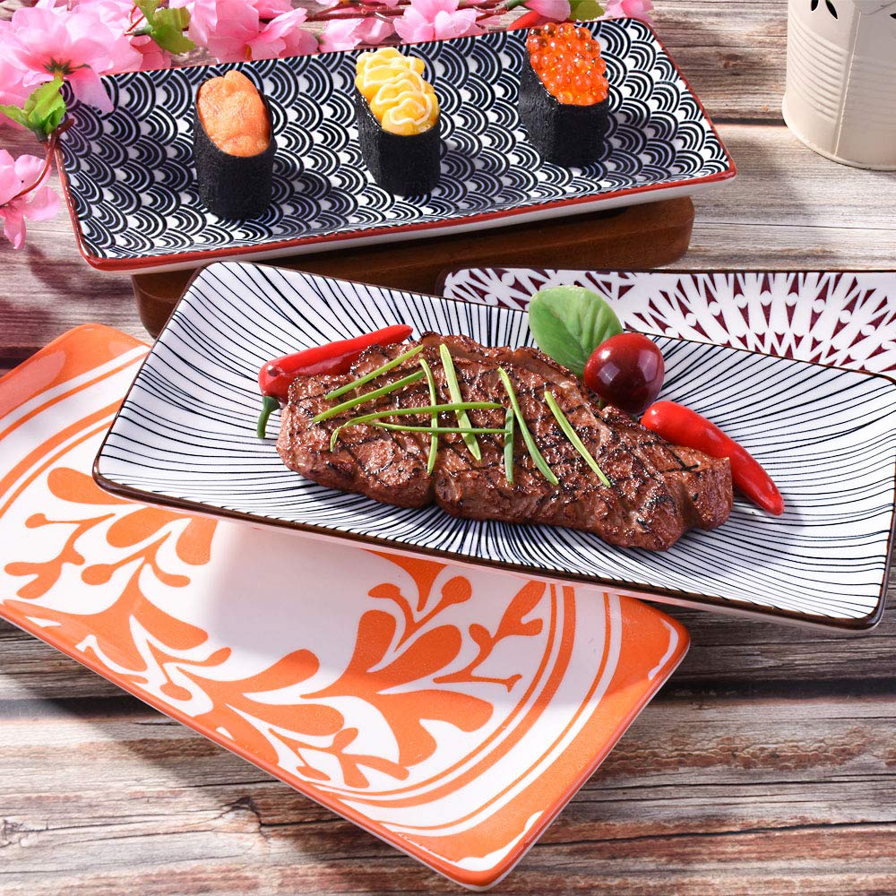Bosili 9.7 Inch Japanese Sushi Plate Set Of 4 Long Rectangle Plates Serving Trays For Desserts Dumplings Sushi And Chicken Wings