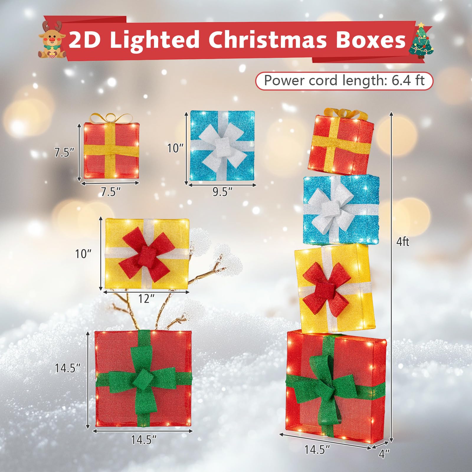 Goplus 4 Ft Lighted Gift Boxes Stackable, Pre-lit Xmas Boxes Decoration w/LED Lights, Delicate Bows, Indoor & Outdoor Stacked Ho