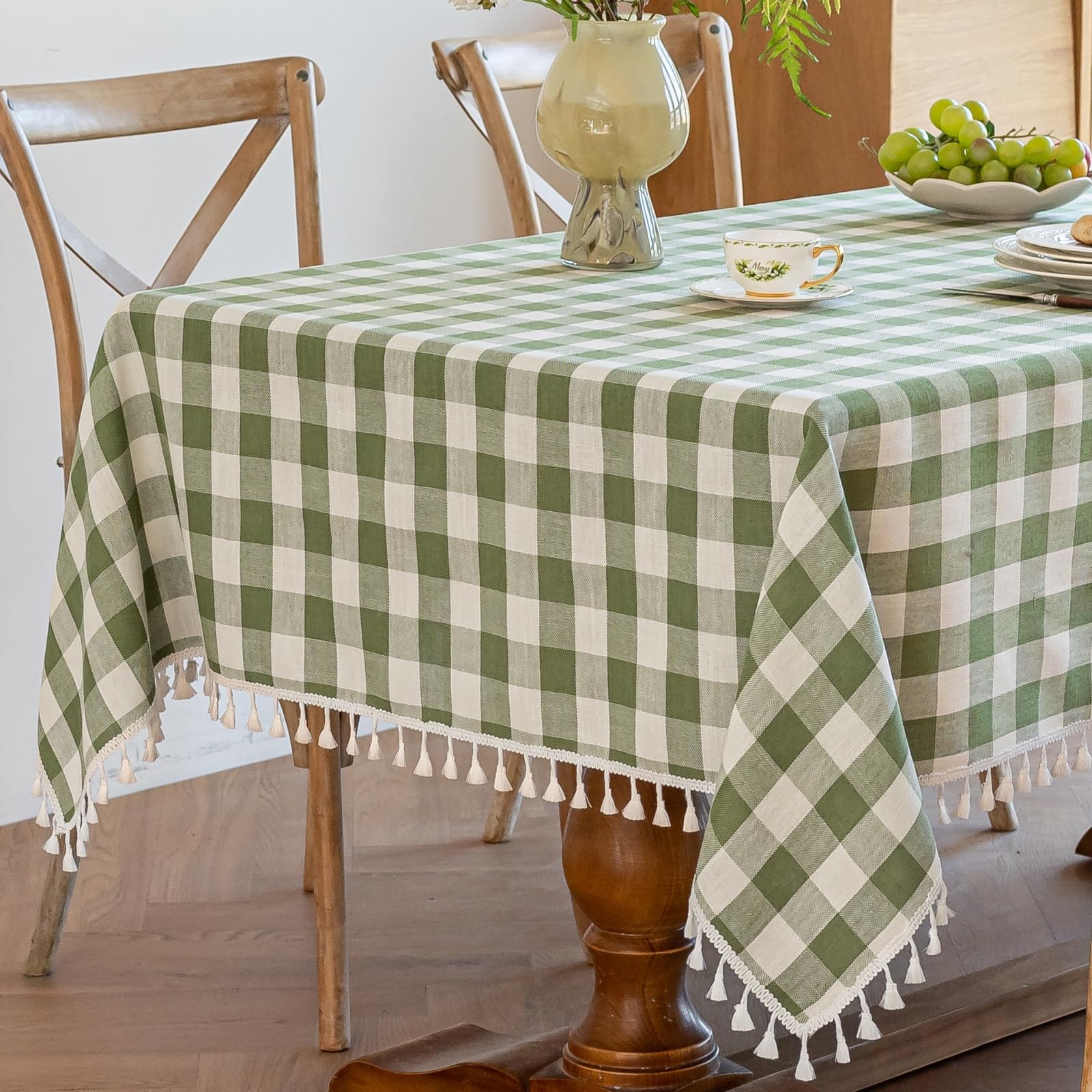 Alsoo Outdoor Green Gingham Tablecloth Square 55 x 55 Inch, Summer Washable Wrinkle Free Table Cloth Linen Cotton Heavy Duty Fab