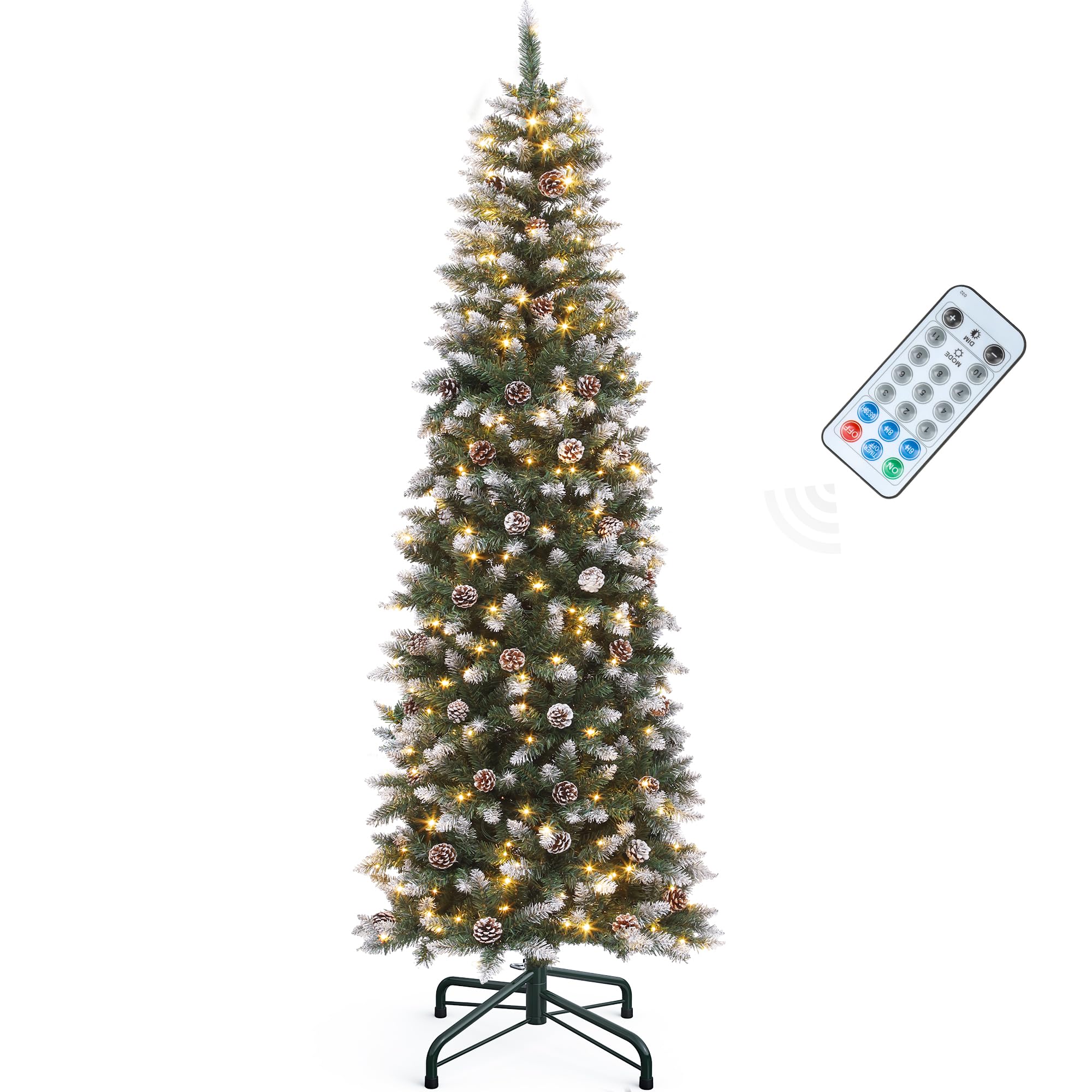 YITAHOME 6FT Pre-Decorated Pencil Christmas Tree w/Remote, Partially Flocked & Frosted Slim Prelit Artificial Hinged Xmas Tree w