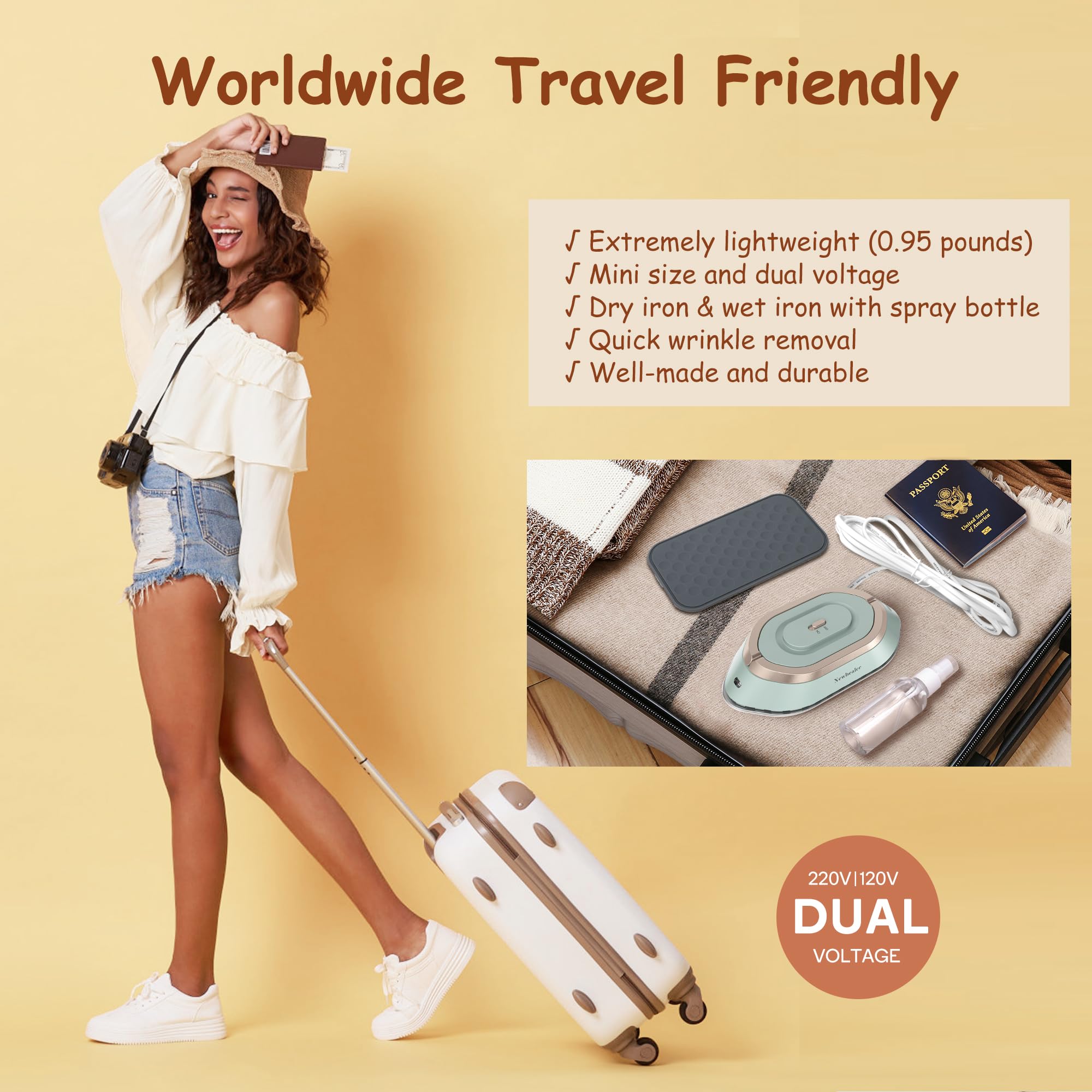Newbealer Travel Iron With Dual Voltage - 120V/220V Lightweight Dry Iron For Clothes (No Steam), Non-Stick Ceramic Soleplate, 30
