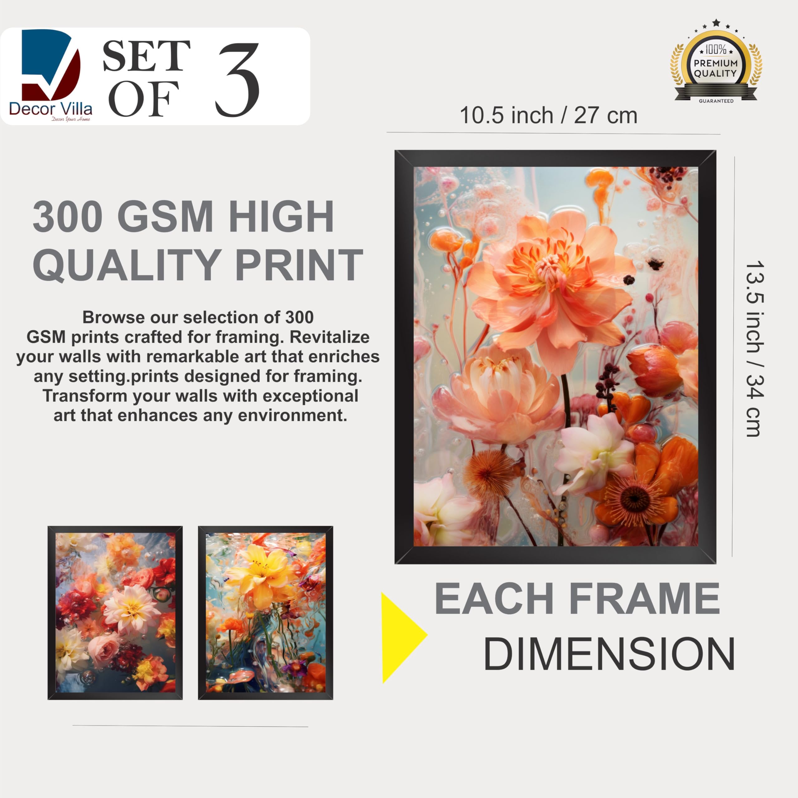 Decor Villa 3D YELLOW FLOWERS Digital Framed Painting for Wall Decoration - Wall Art Prints for Living Room Bedroom Office Room