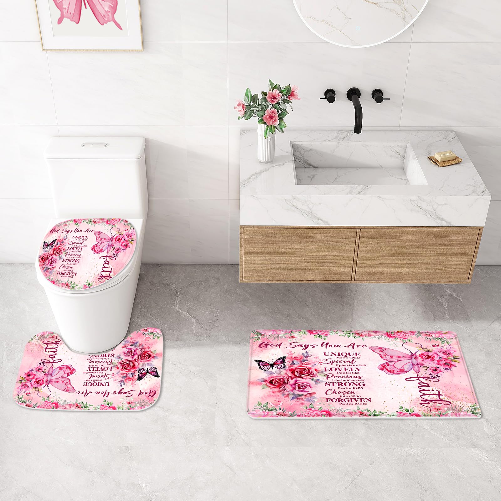 Litabel 4 Pcs Pink Butterfly Inspirational Quotes Shower Curtain Set With Rugs And Toilet Lid Cover, Colorful Boho Waterproof Fa