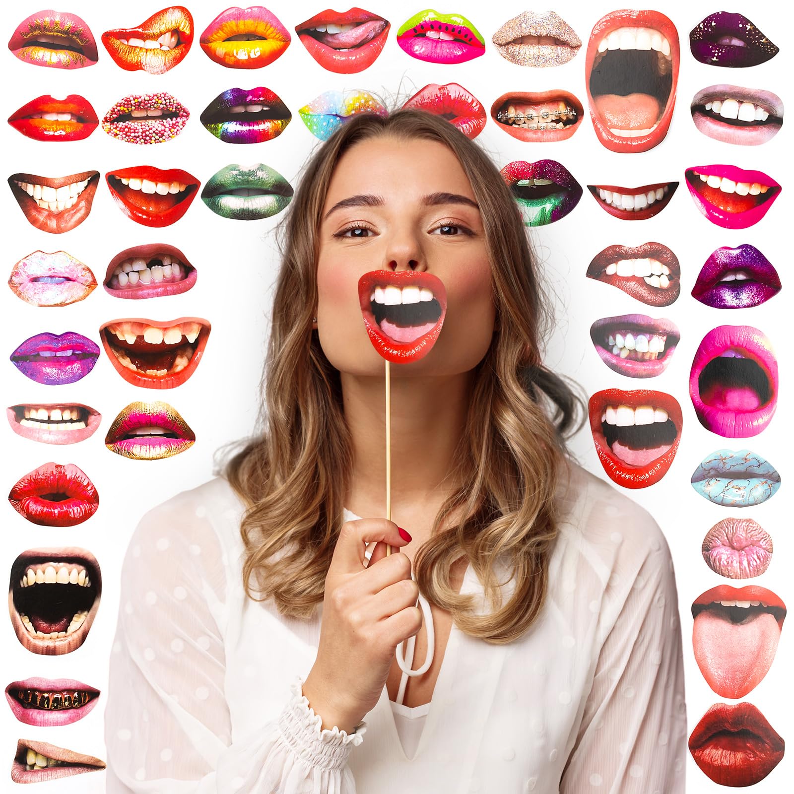 AUEAR, 40 Pack Party Photo Booth Props Funny Lips Mouth Selfie Accessories with Stick for Birthday Wedding Graduation and Hallow