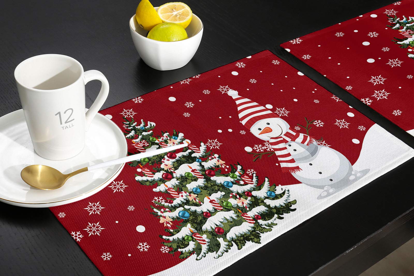 Christmas Placemats Set Of 4,Merry Christmas Snowman Snowflake Xmas Tree Heat-Resistant Placemats For Dining Table,Cotton Linen