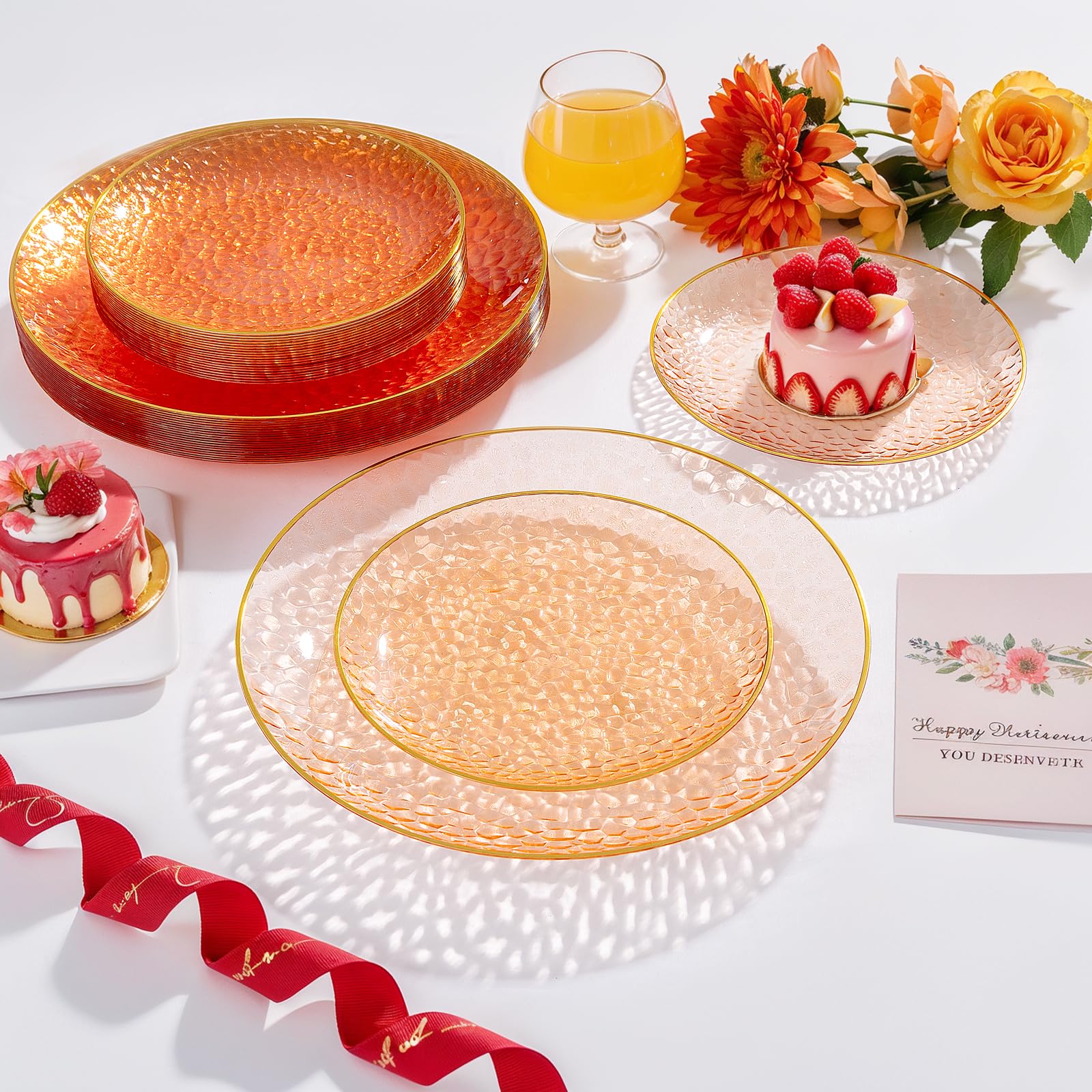 Rubtlamp 60Pcs Orange Plastic Plates, Orange Disposable Plates With Gold Rim, Hammered Plastic Plates Include 30 Dessert Platos,