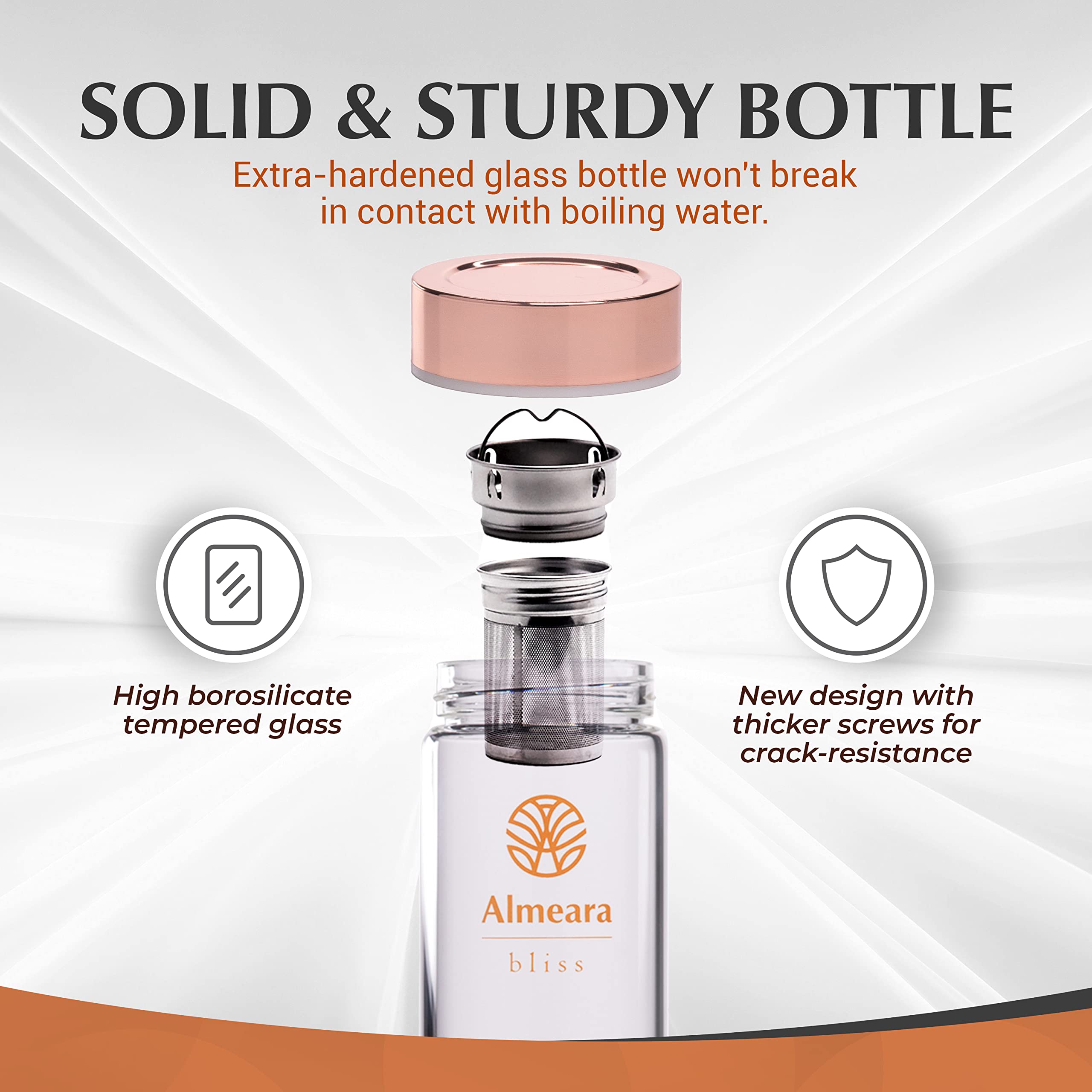 Almeara Crystal Water Bottle | Amethyst, Rose Quartz & Clear Quartz Crystals | Authentic Gemstones - Loose Leaf Tea Infuser - Ge