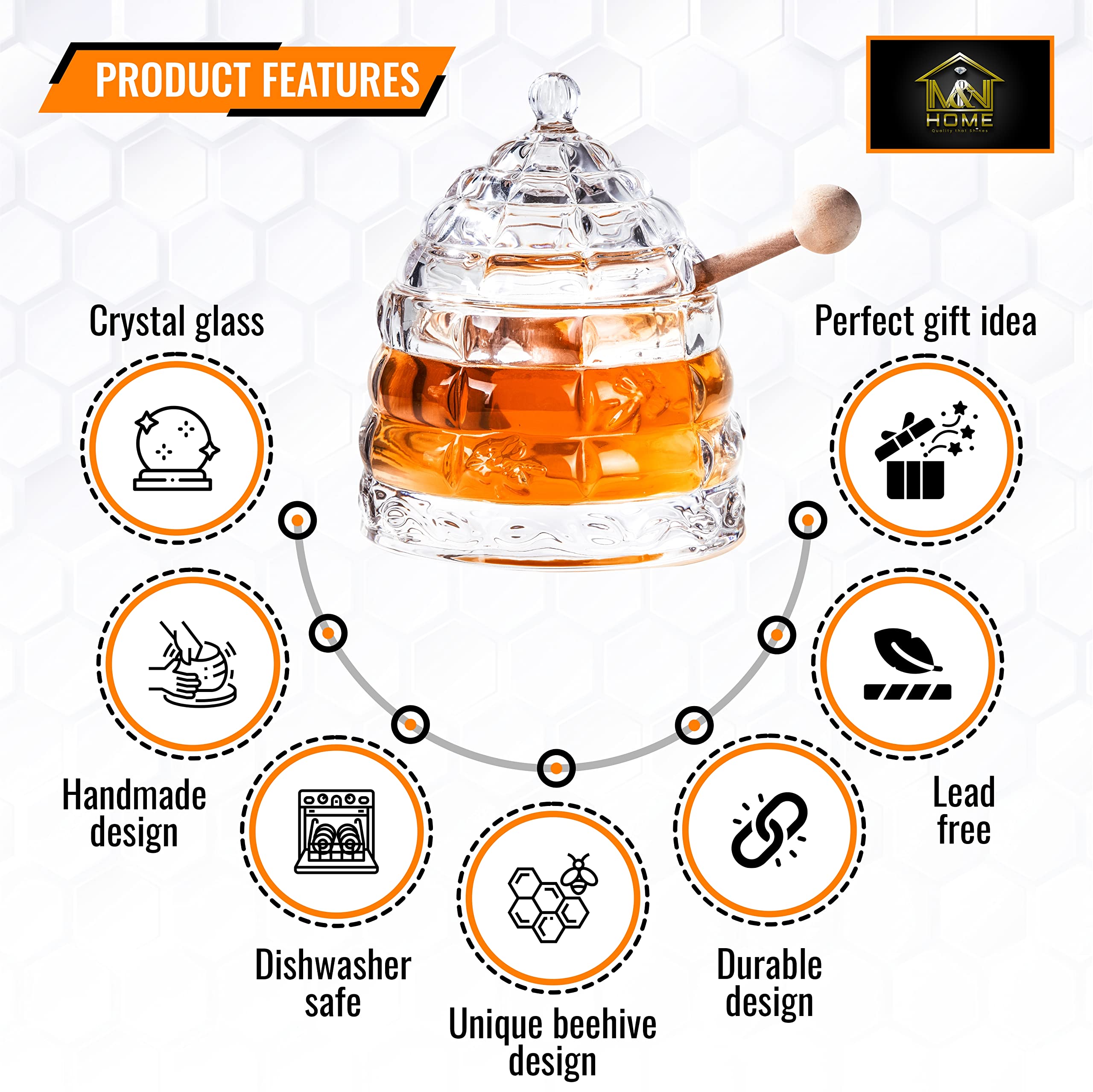 M&N HOME Honey Dish with 3 Dippers, Honey Jar, Large Glass Honey Pot storage with Lid and Inscribed Wooden Honey Dippers, Glass