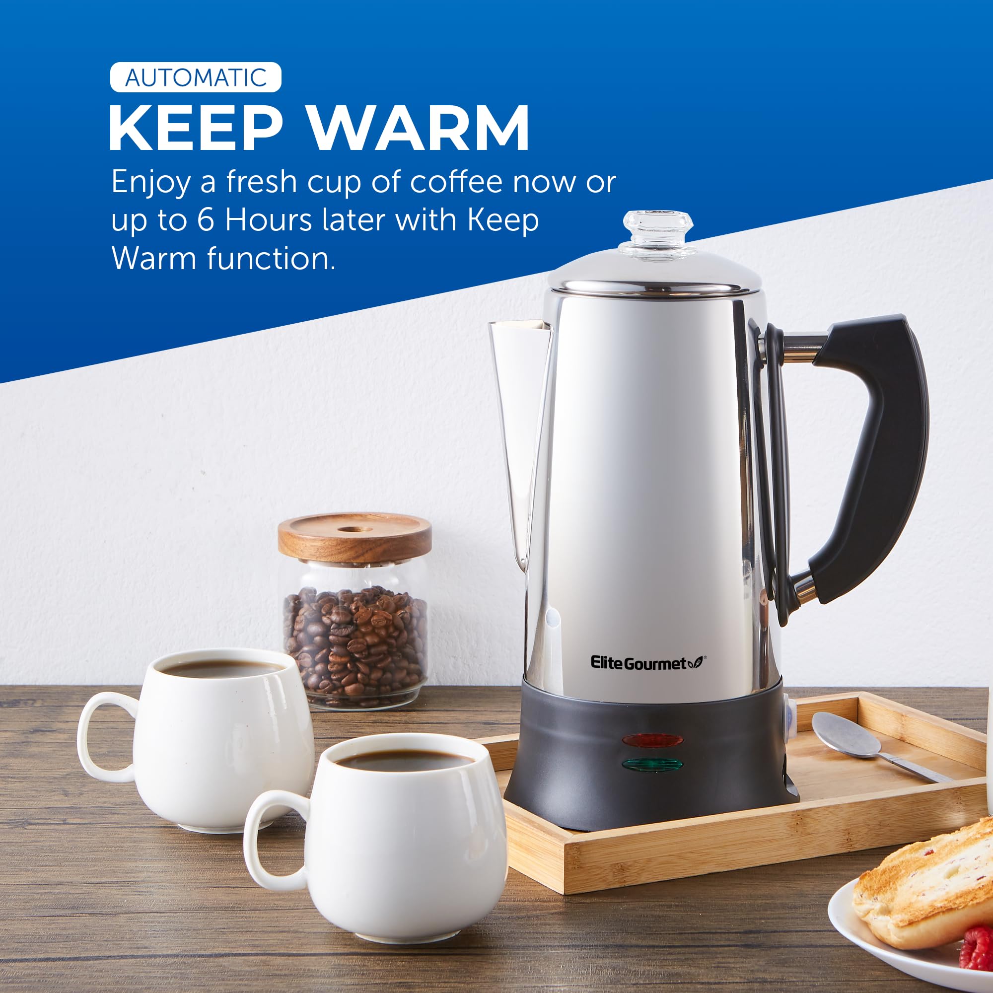 Elite Gourmet Ec922 Electric Coffee Percolator, Glass Clear Brew Progress Knob, Cool-Touch Handle, Cordless Serve, 12-Cup, Stain