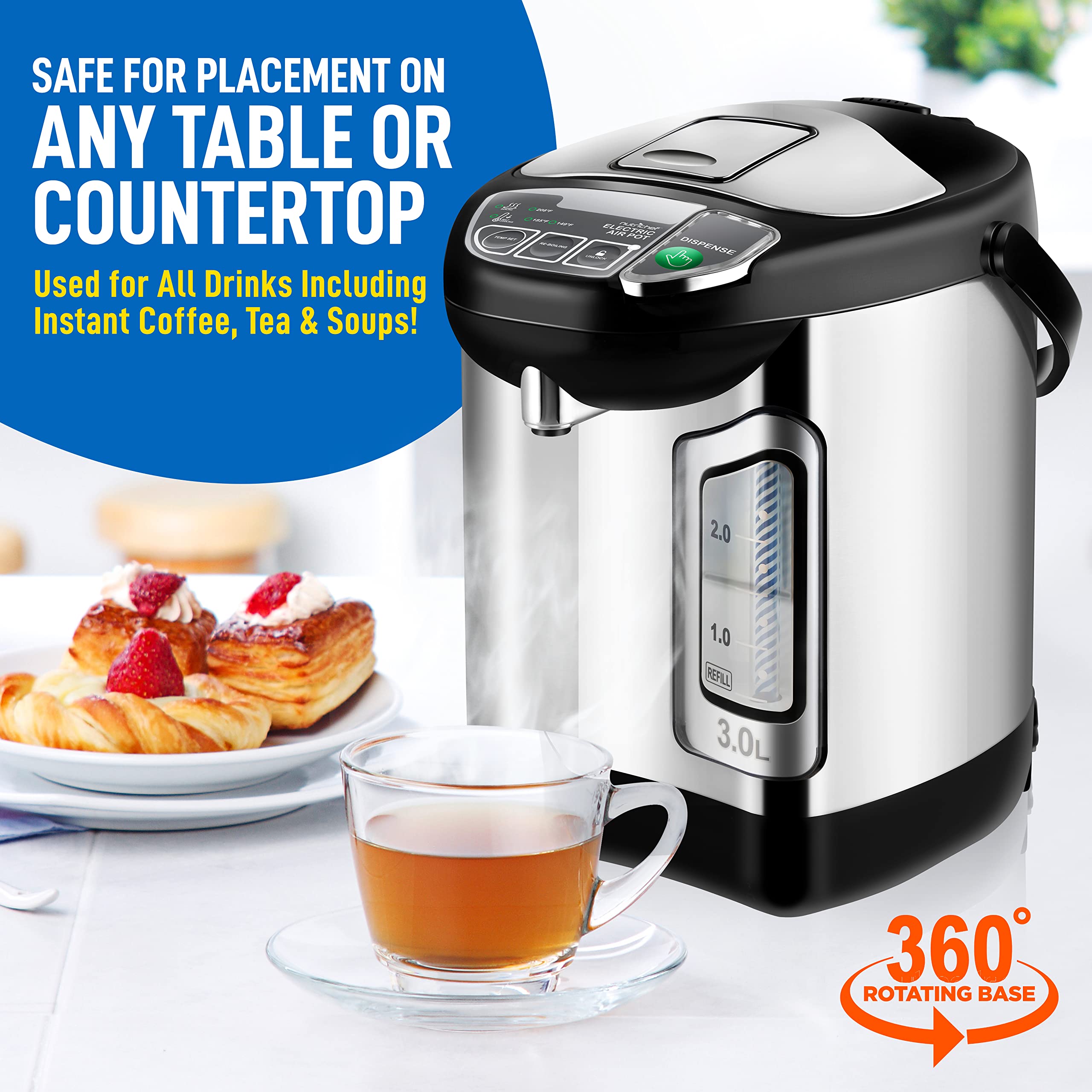 Nutrichefkitchen Electric Water Boiler And Warmer - 3L/3.17 Qt Stainless Steel Electric Hot Water Dispenser W/Rotating Base, Aut