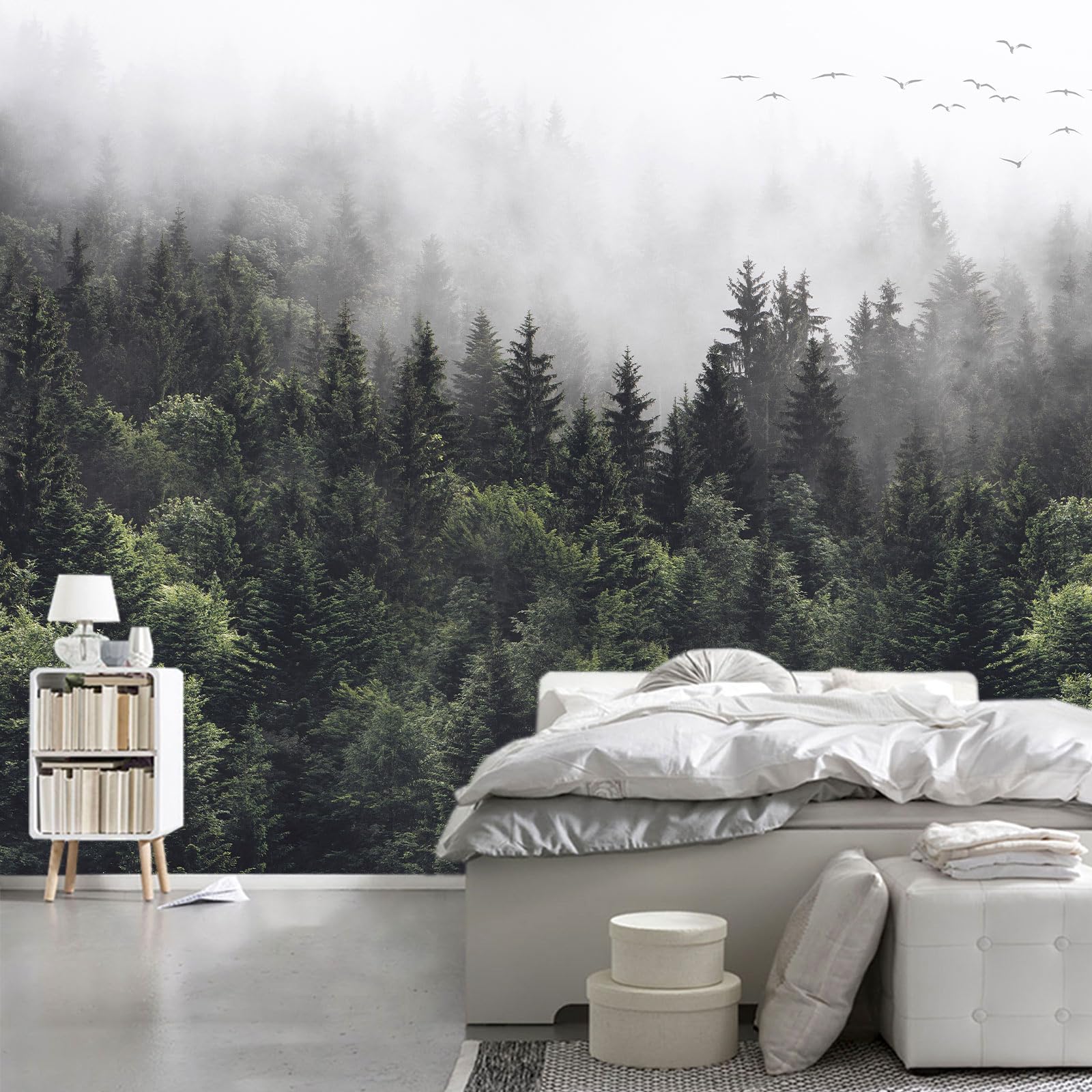 WFBHUA-Misty Forest Self Adhesive Wall Mural Foggy Pine Tree Wallpaper Peel and Stick for Living Room Bedroom 137x100