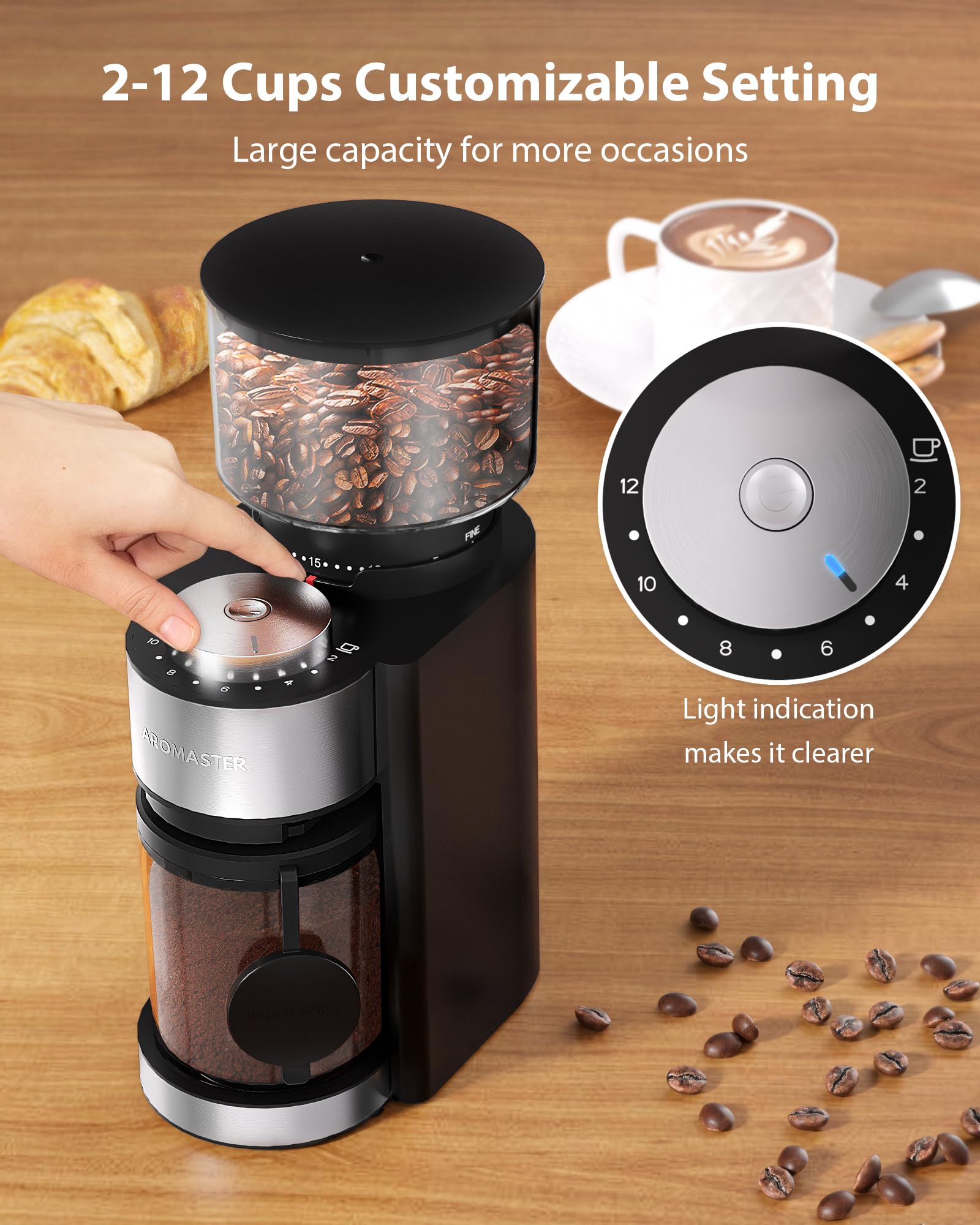 Aromaster Burr Coffee Grinder, Coffee Bean Grinder With 25 Grind Setting, 2-12 Cups Timer, Conical Coffee Grinders For Home Use,