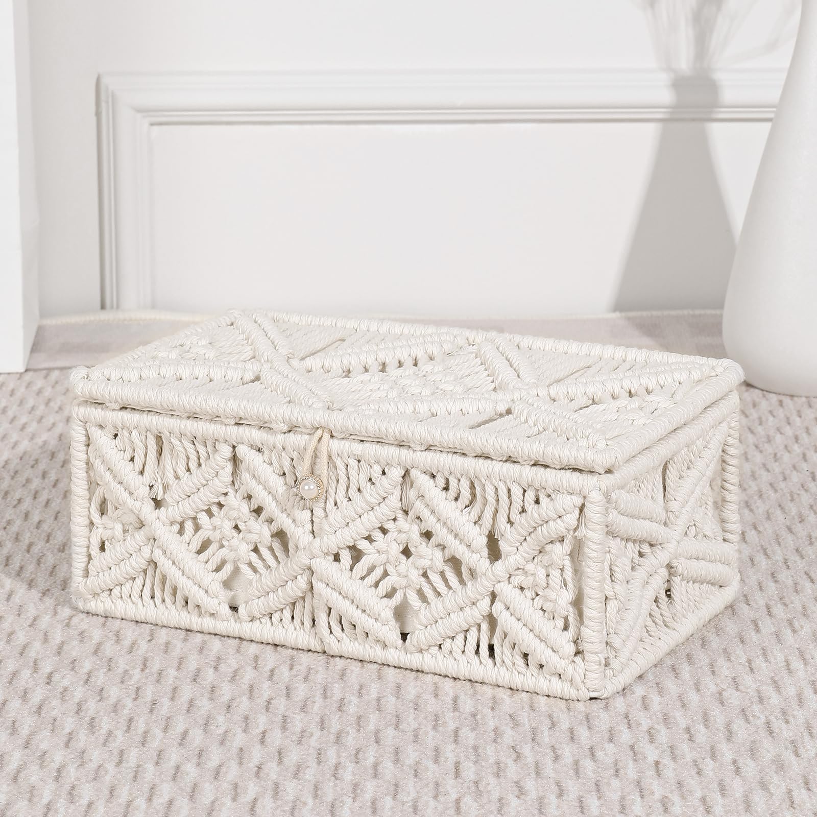 Anminy Macrame Storage Basket With Lid & 25Pcs Organza Gift Bags Bohemian Jewelry Box Handmade Woven Natural Cotton Rope Lidded
