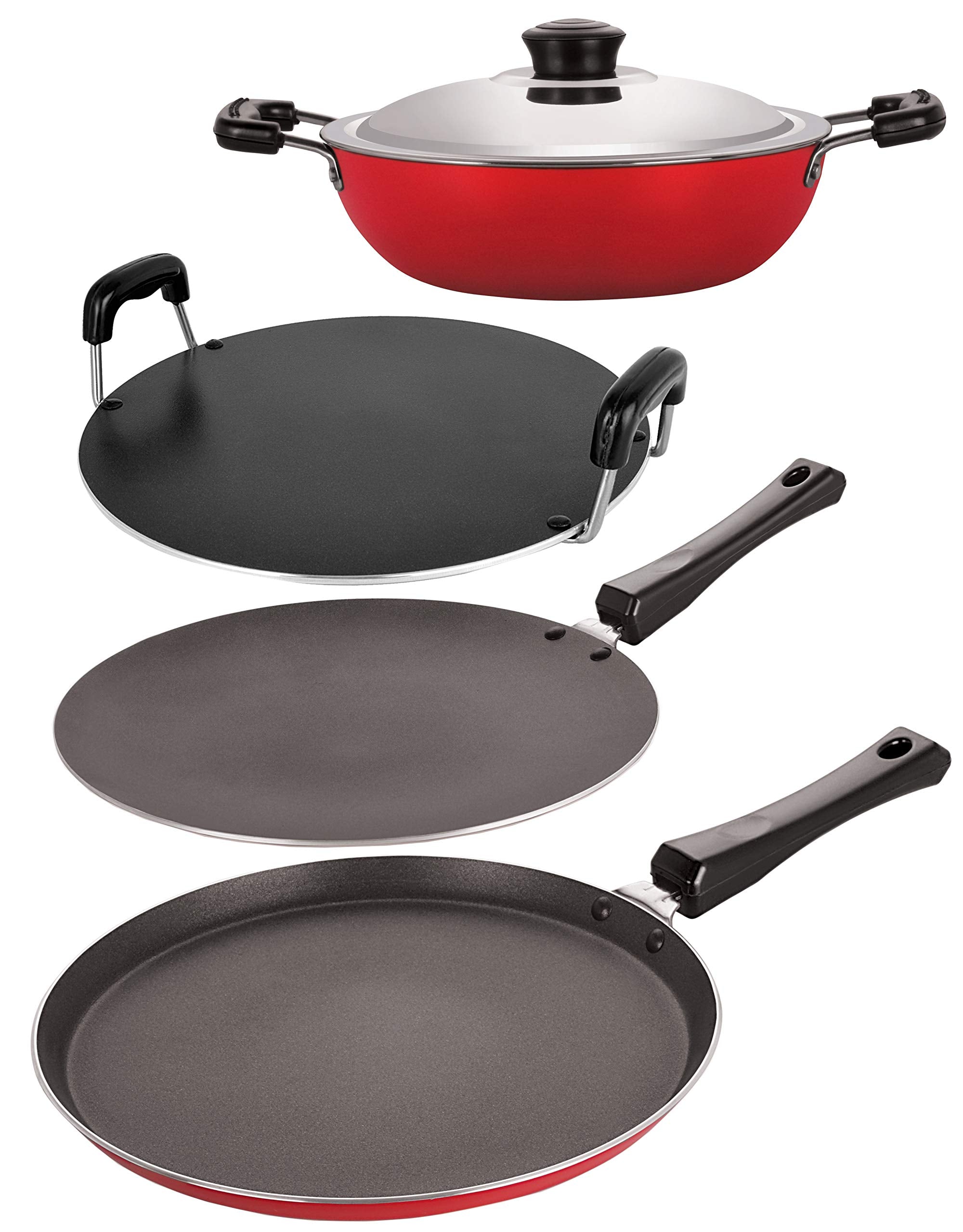 Nirlon NonStick Aluminum Cookware Set, 4Piece, Red And Black (2.6Mm_Ft13_Ct_Dkdm_Rt)