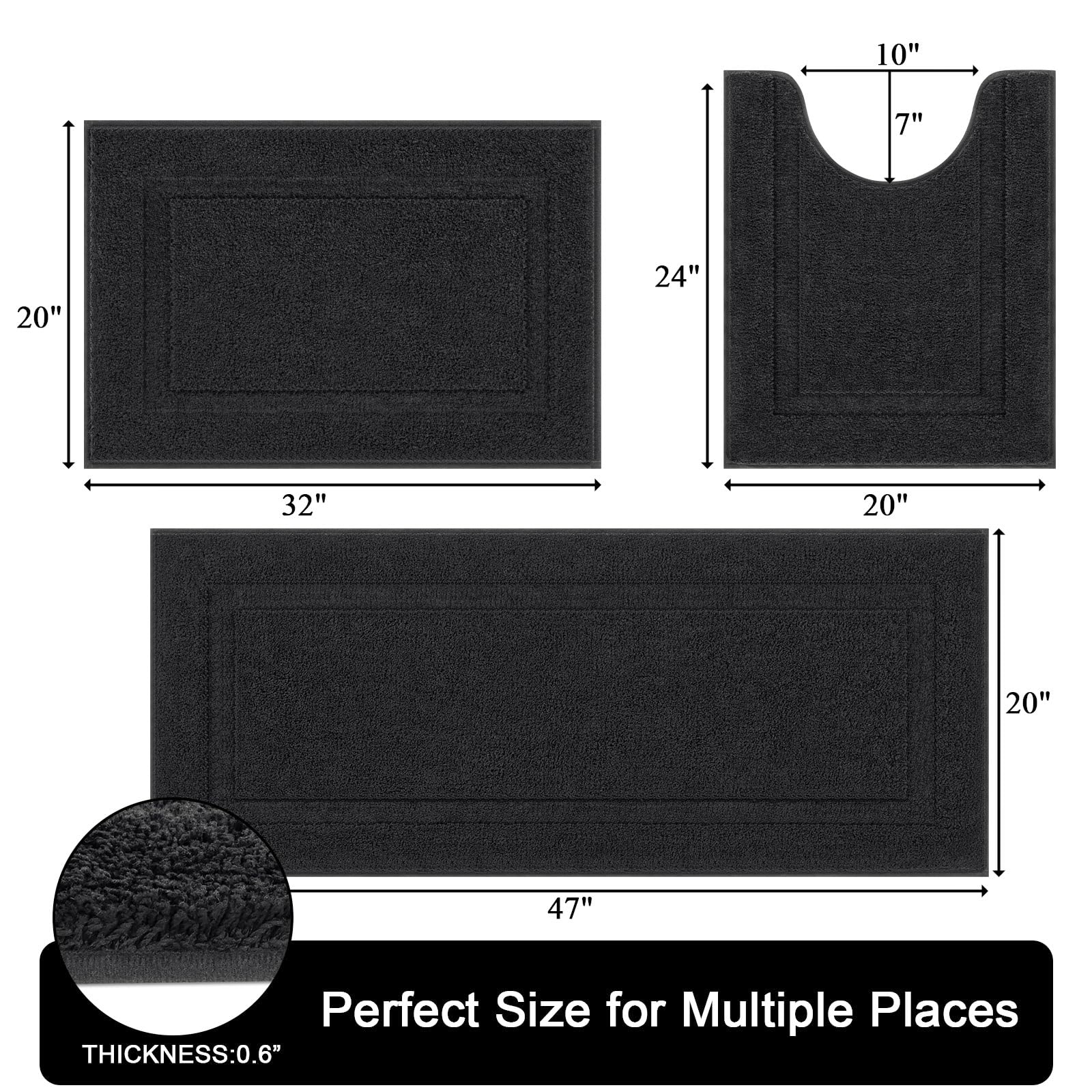 SHACOS Soft Fluffy Bathroom Runner Rugs Set of 3, Non-Slip, Washable, 20"x32"+20"x47"+U Shape 20"x24", Black, 100