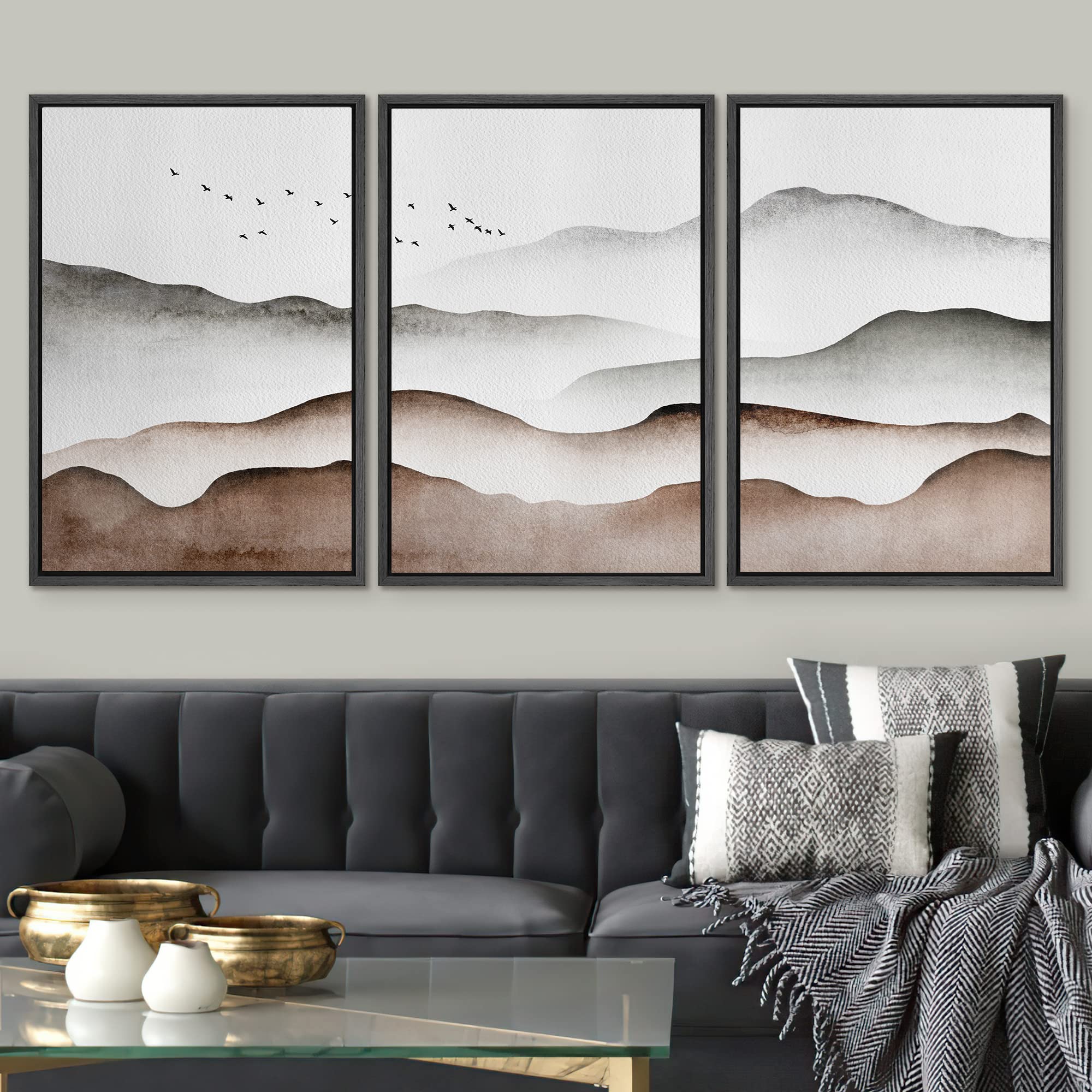 Signwin Framed Canvas Print Wall Art Set Dark Pastel Mountain Range Horizon Nature Wilderness Illustrations Modern Art Decorativ