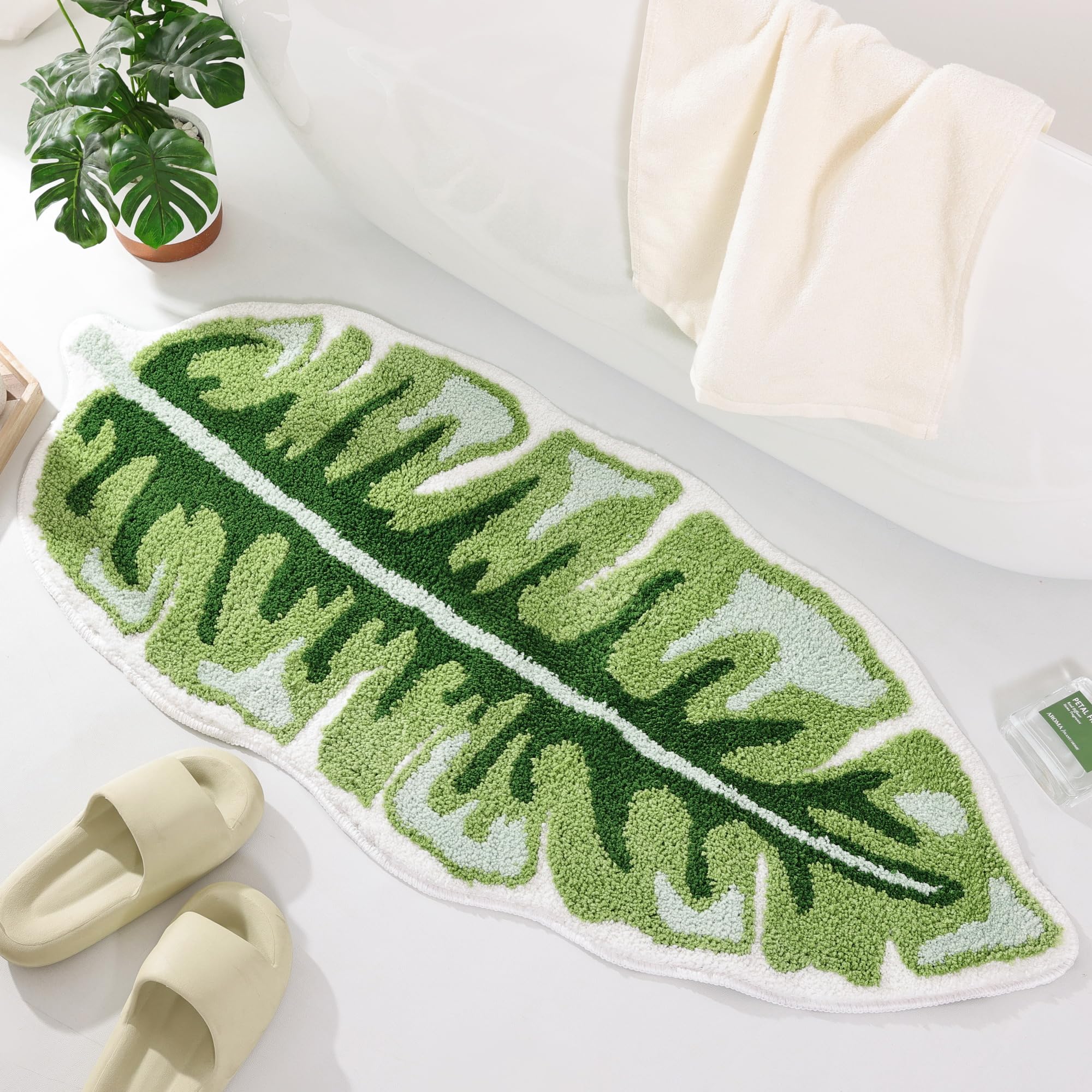 Panstar Green Leaf Bath Mat, Large Banana Leaf Plant Bathroom Runner Rug Non Slip Absorbent Cute Palm Shaped Bathtub Rug Bathroo
