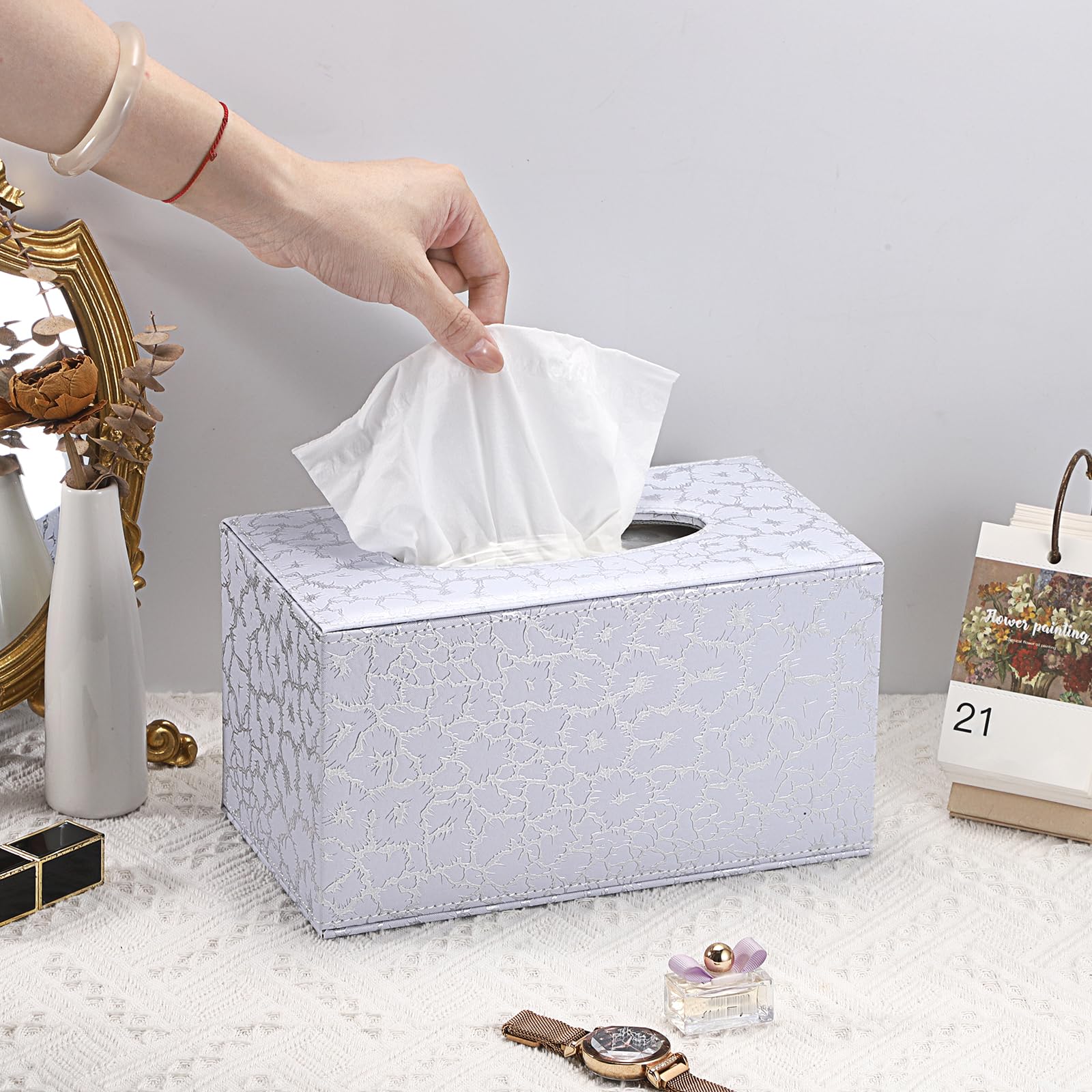 Sumnacon Tissue Box Cover Rectangle Leather Tissue Box With Magnetic Bottom,Pu Tissue Box Holder Decorative Silver Tissue Cover