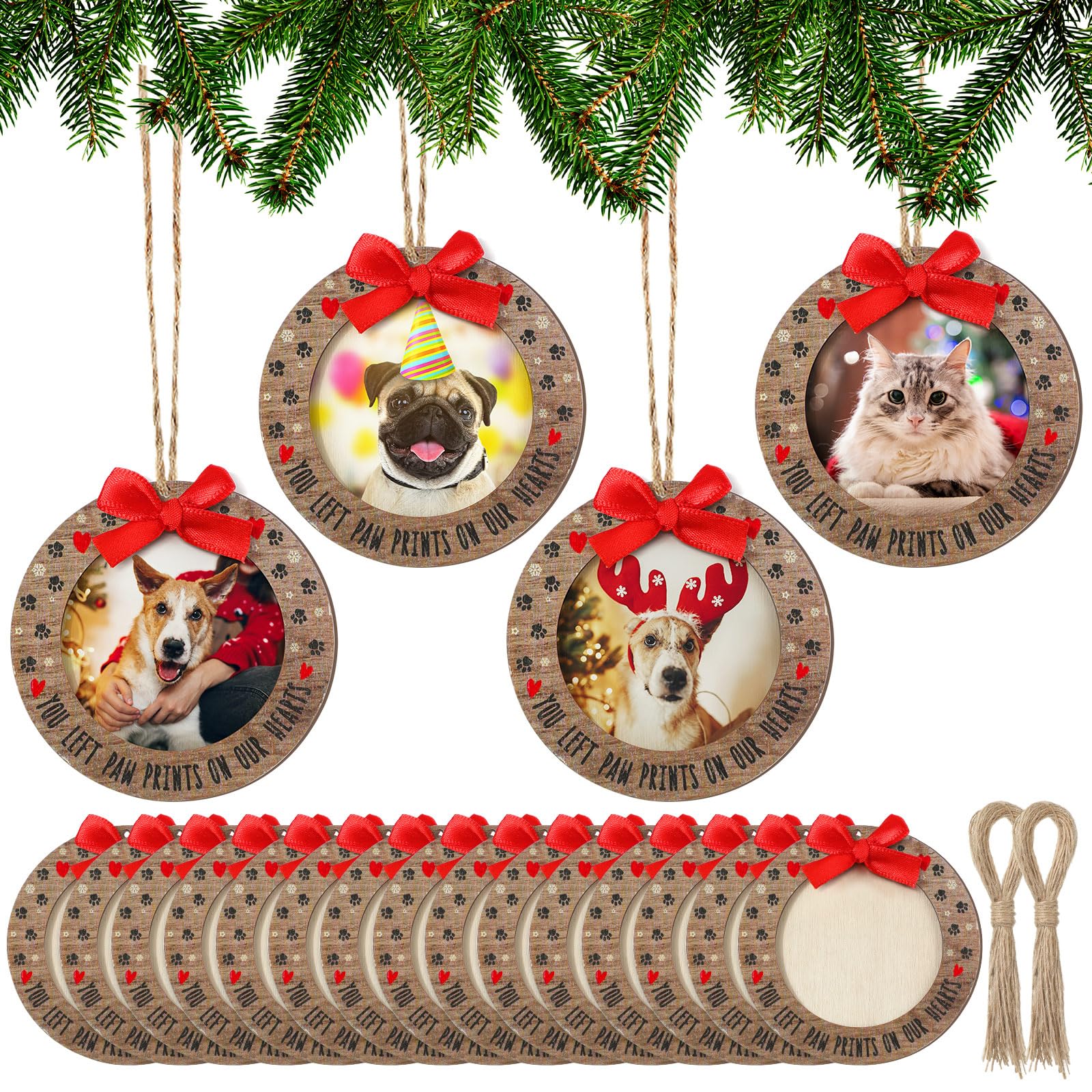 Blulu 24 Pcs Christmas Pet Picture Frames Wooden Dog Paw Memorial Photo Ornaments Snowflake Christmas Tree Decorations Pet Sympa