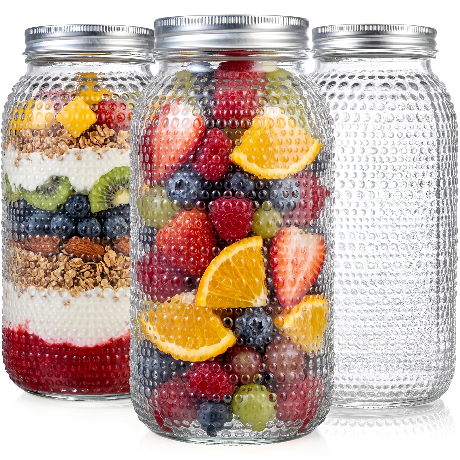 WELLIFE 3 Pack 64 oz Half Gallon Mason Jars, Wide Mouth Glass Jars with Airtight BPAFree Lids, Raised Dot Texture Large Jars fo
