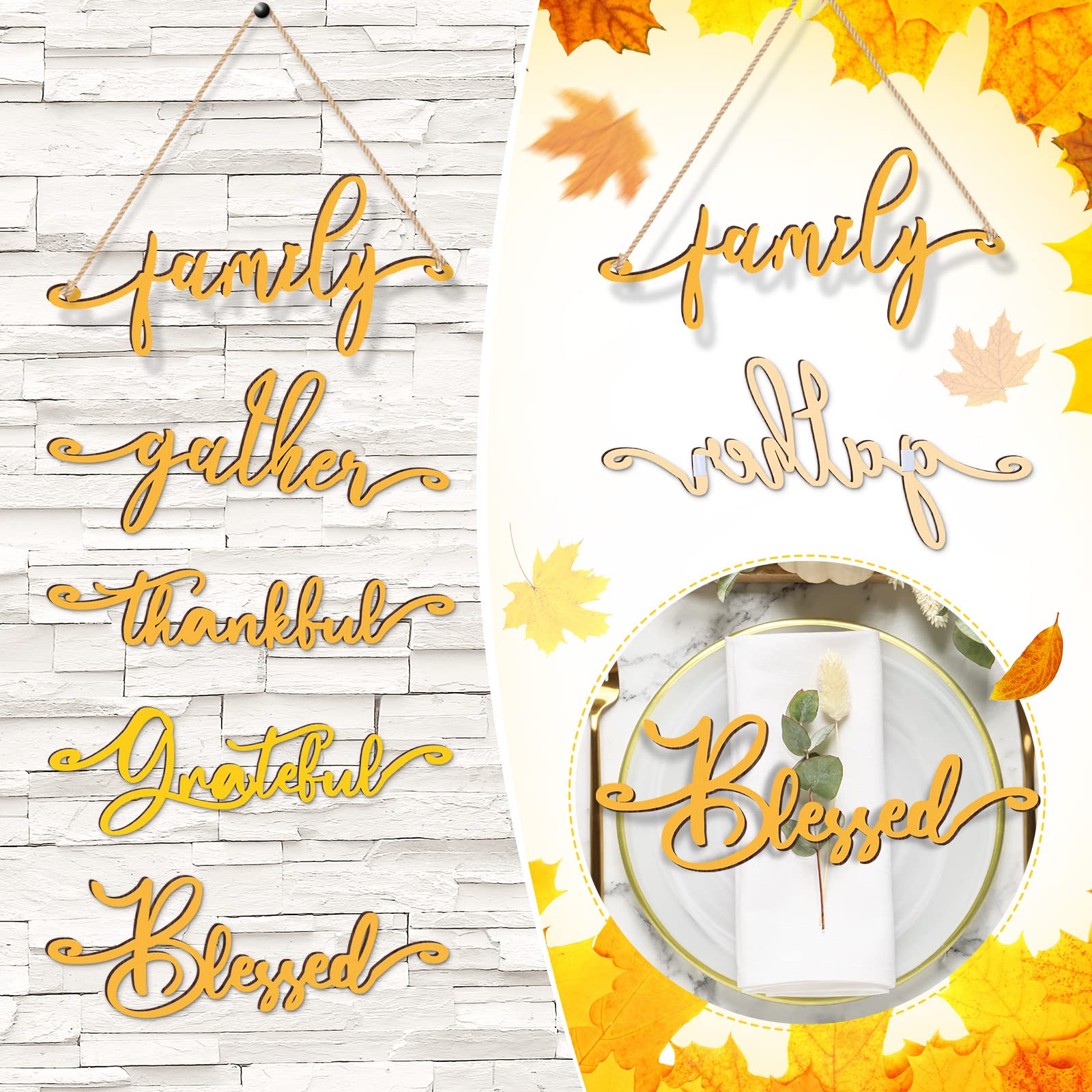 Jetec 10 Pieces Thanksgiving Decor Thankful Grateful Blessed Wood Cutout Sign for Plate Table Wall Decor Rustic Wooden Word Cuto