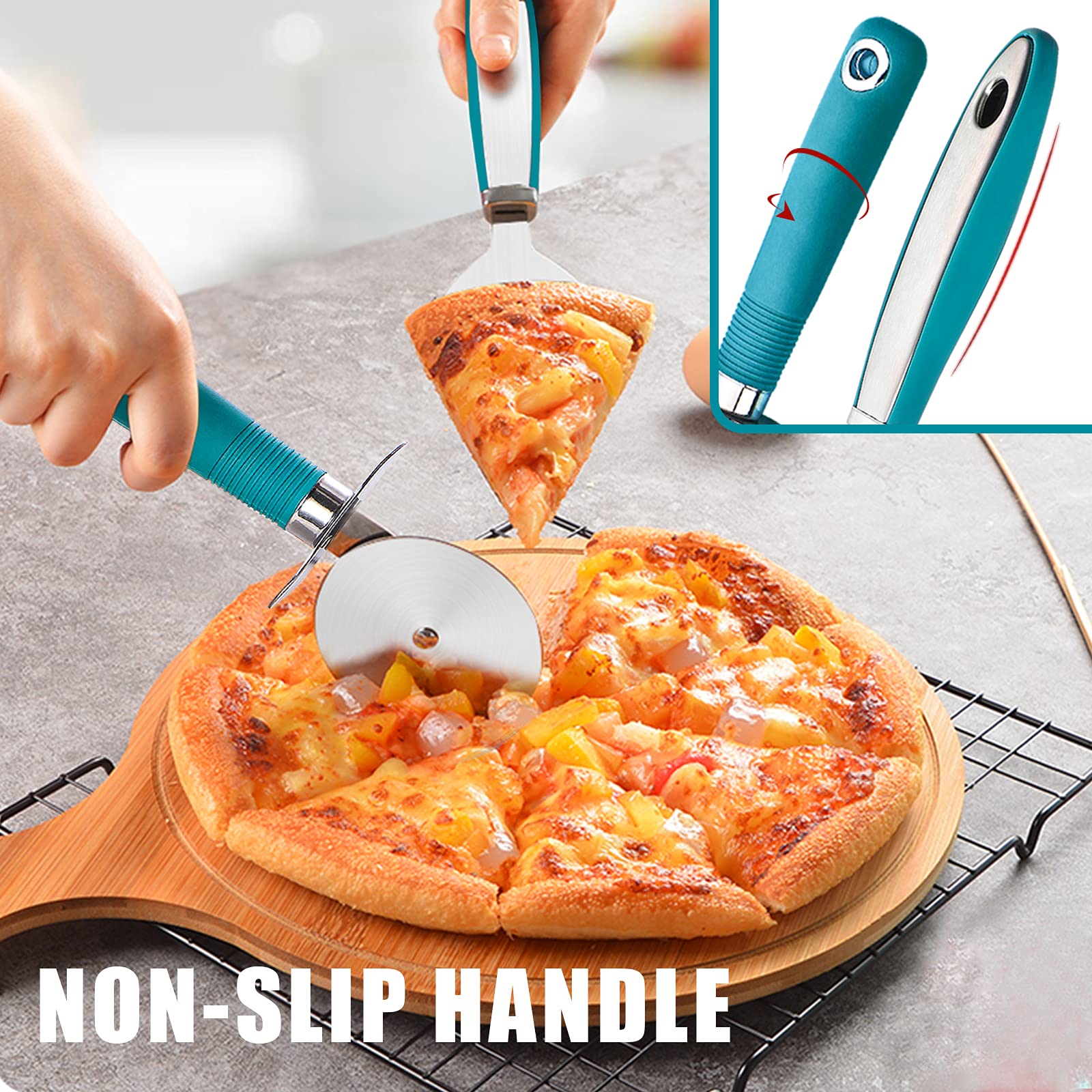 Webake Pizza Cutter Wheel Pie Serve Set, Large Pizza Slicer Stainless Steel Pie Cake Cutter With Non-Slip Green Handle, Ideal Fo