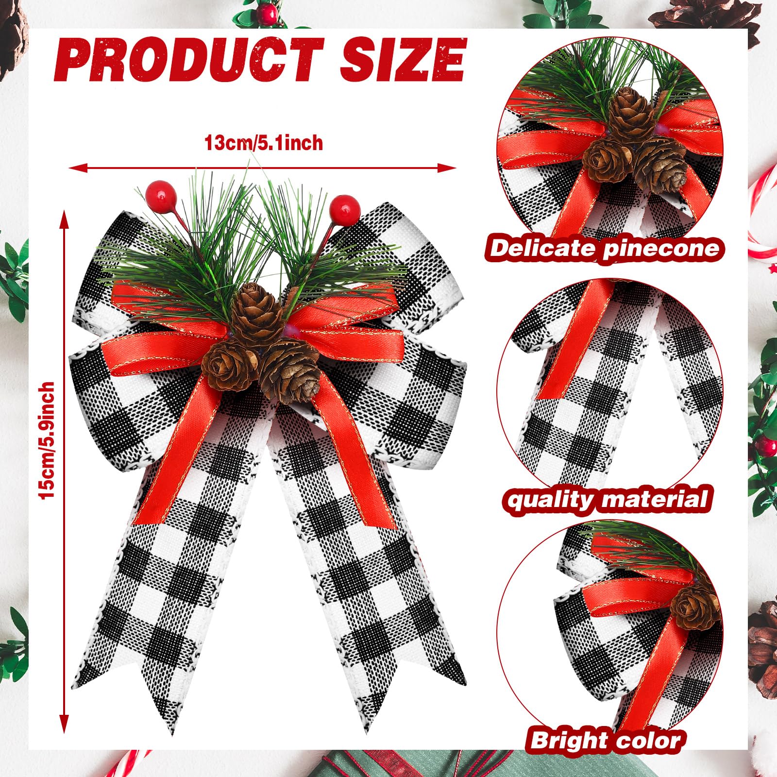 Syhood 6 Pcs Christmas Bows with Pine Cones Pine Needles Xmas Plaid Bows Black White Ribbon Christmas Tree Wreath Decoration for