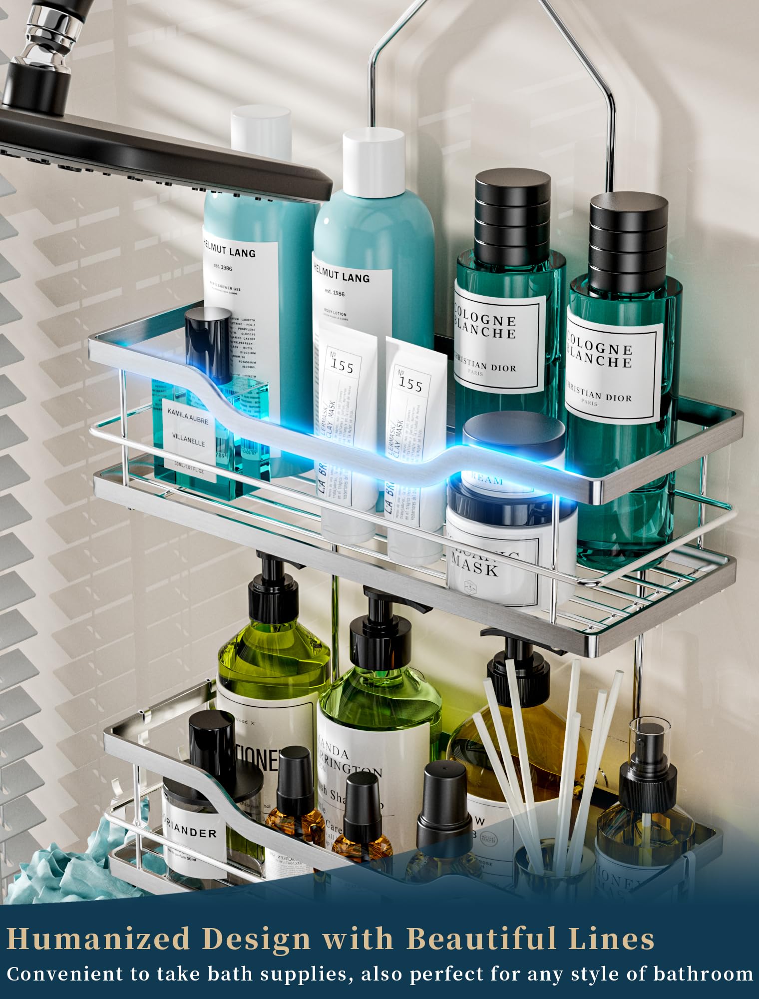 Consumest Shower Caddy Over Shower Head With Soap Holder, No Drilling Hanging Shower Organizer With 4 Movable Hooks, Rustproof &