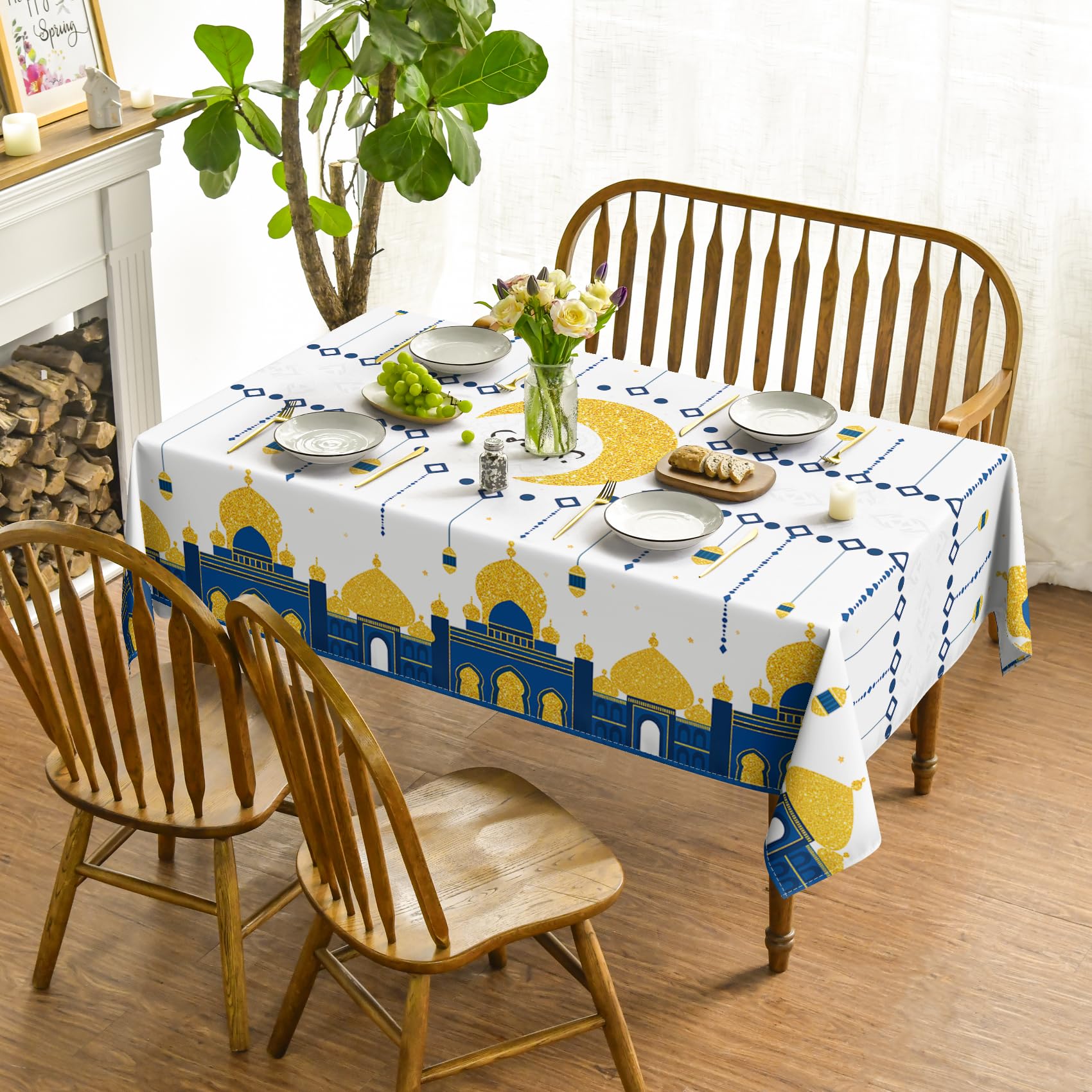 Horaldaily Ramadan Square Tablecloth 60  60 Inch, Eid Al Fitr Mubarak Washable Table Cover For Party Picnic Dinner Decor