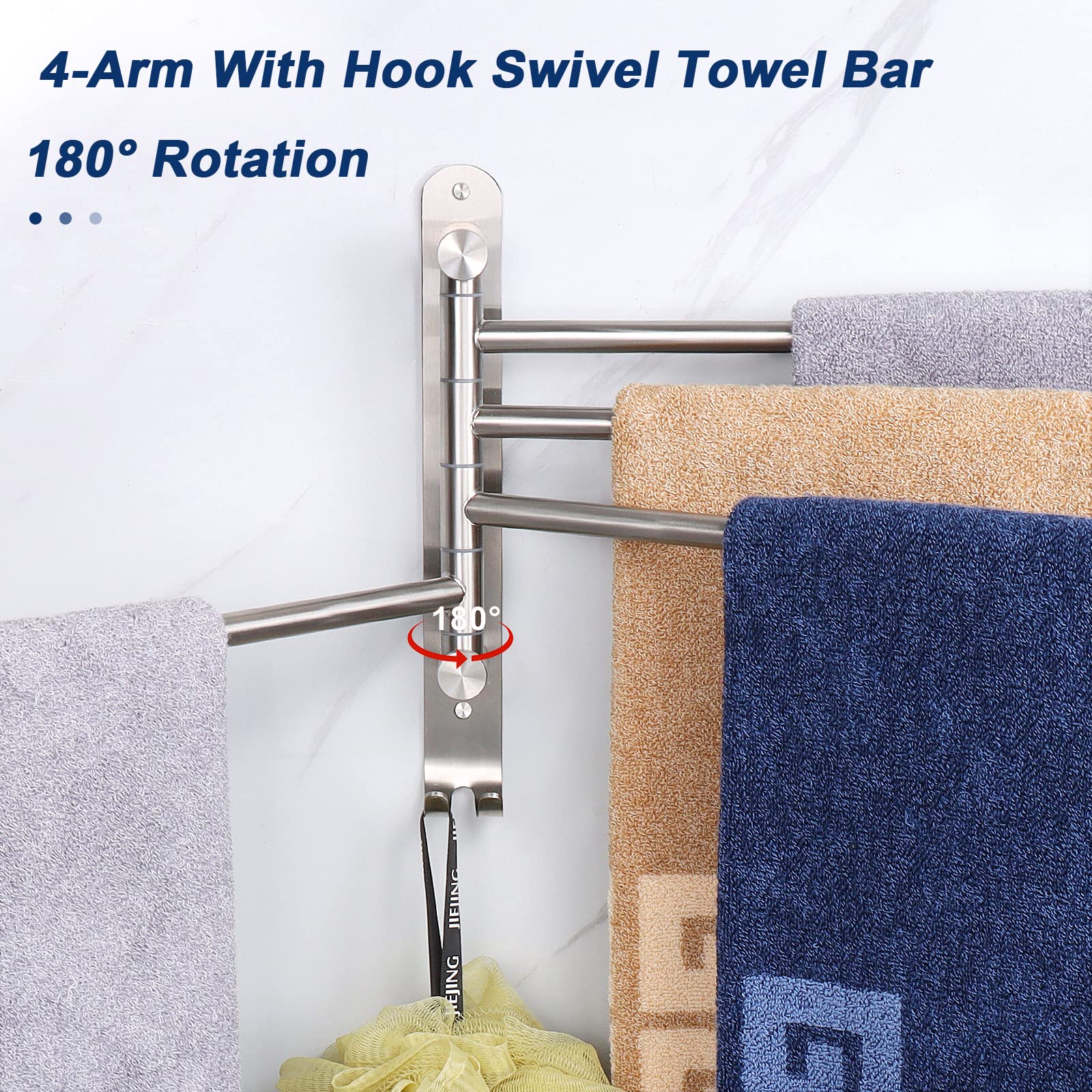 NearMoon Swivel Towel Rack  Thicken SUS304 Stainless Steel 4-Arm Towel Bar  Space Saving Wall Mounted Towel Holder with Hook  Rustproof Swing Out Towel Hanger for Bathroom  Kitchen (Brushed Nickel)