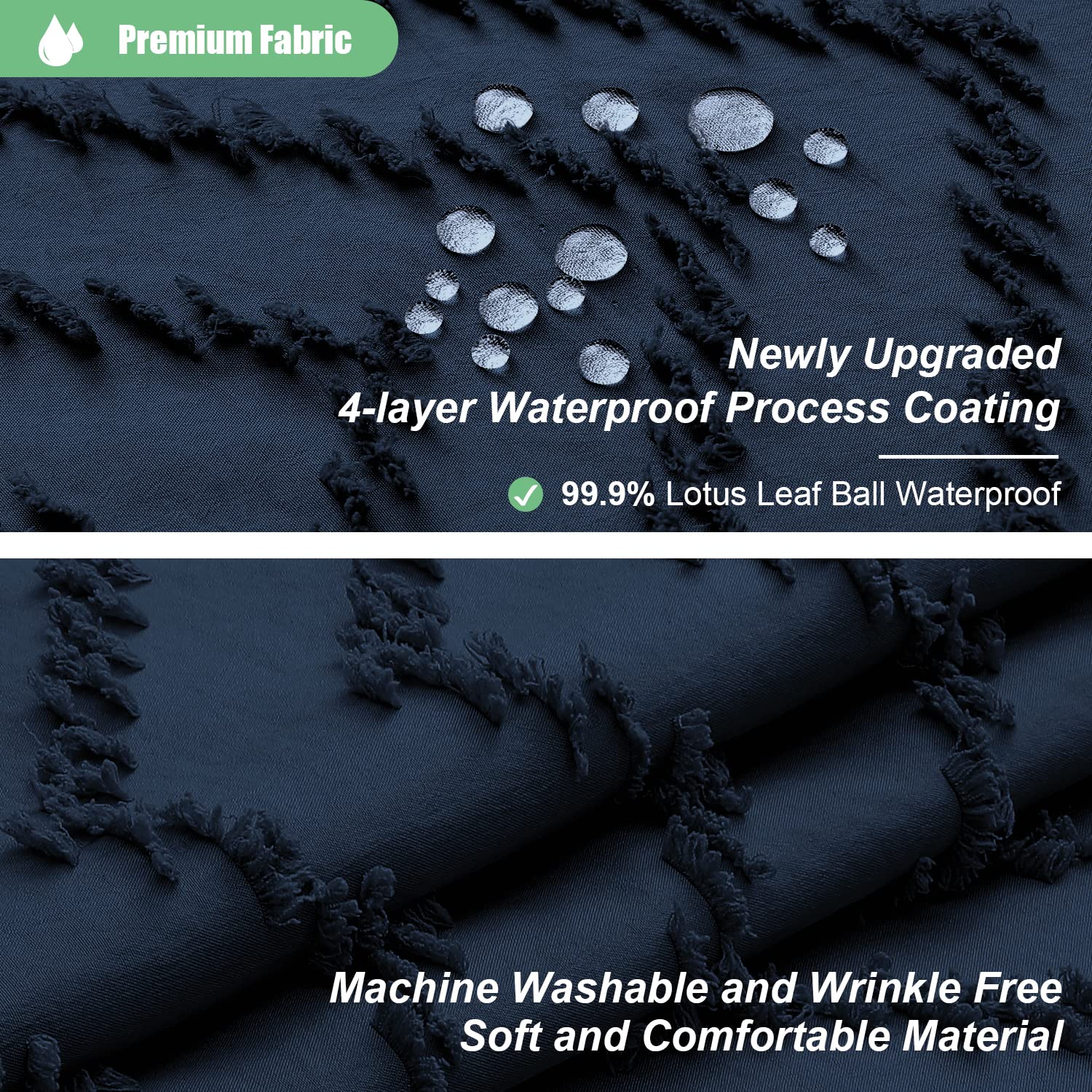 Dynamene Boho Farmhouse Shower Curtain, Navy Blue Fabric Tufted Chevron Striped Textured Tassel Shower Curtains For Bathroom, Wa