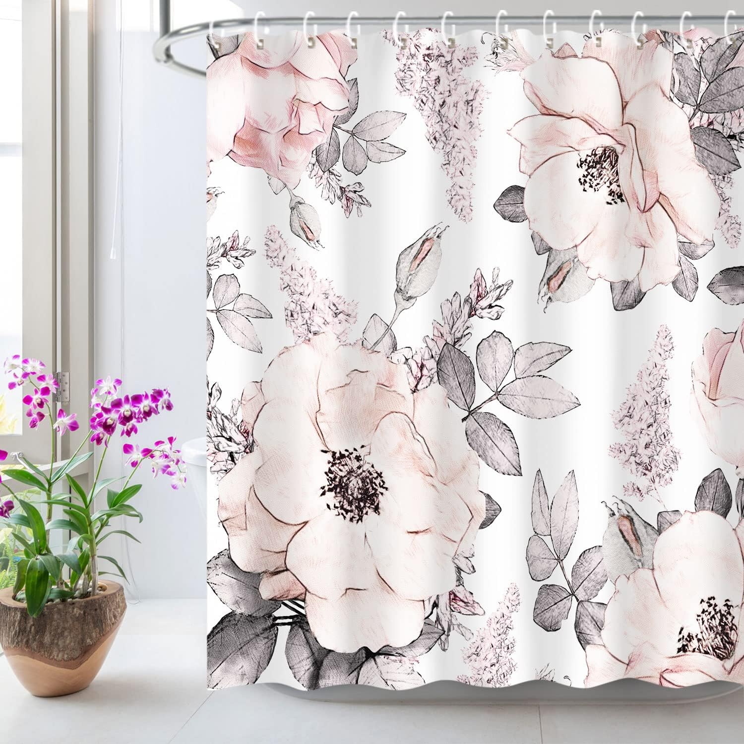Livilan Pink Gray Flower Shower Curtain, Watercolor Floral Shower Curtains With Hooks White Grey Fabric Blossom Bathroom Decor M