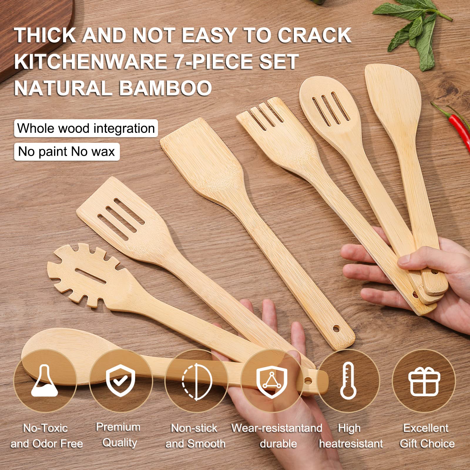 [7-Pcs] Wooden Spoons For Cooking Is For All Kitchen. Made From Bamboo Wood, Wooden Spatula & Wooden Spoon 11.8 In. And Non-Stic