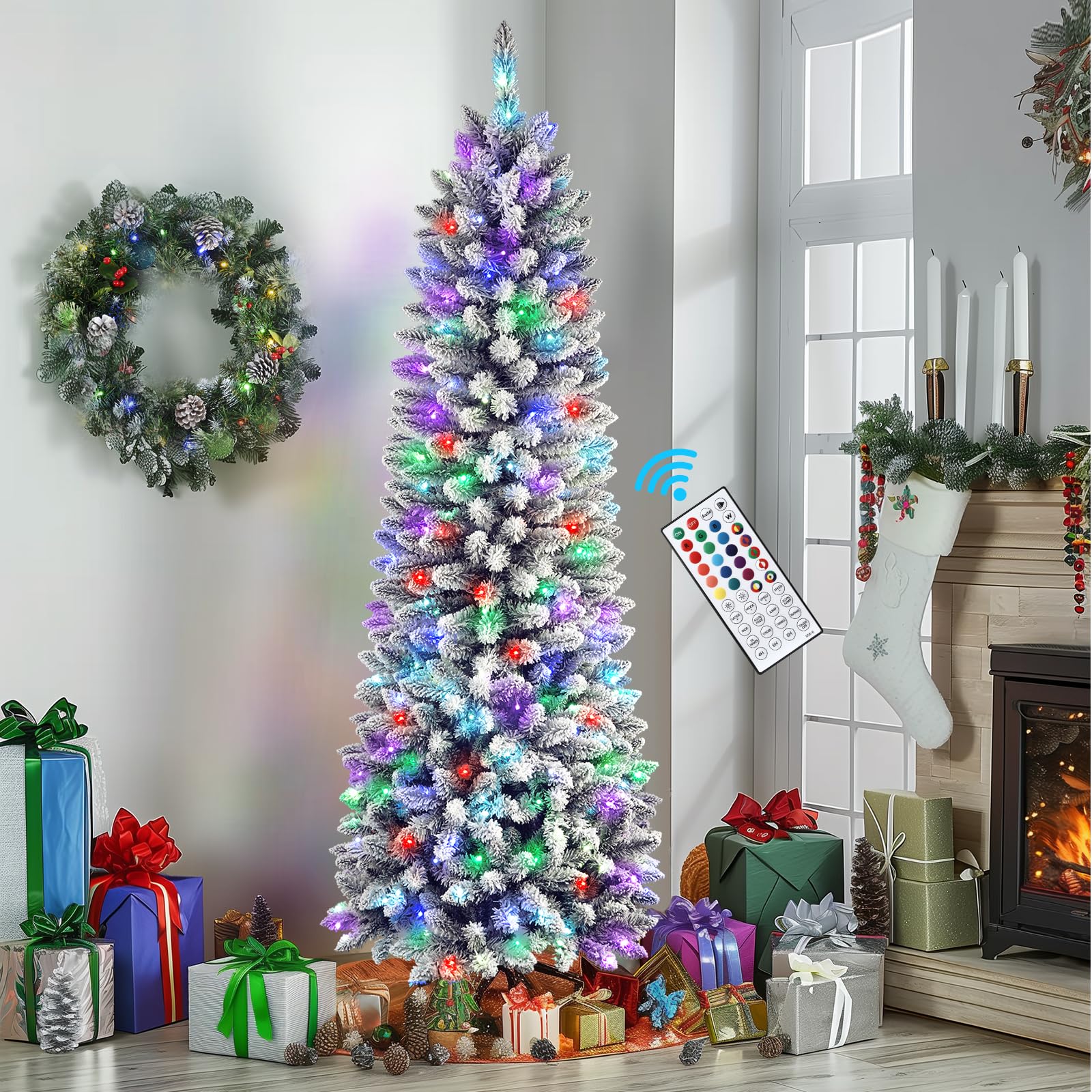 SHareconn 7.5ft Prelit Snow Flocked Artificial Hinged Slim Pencil Christmas Tree, with Remote Controlled Multi-Color RGB Lights,