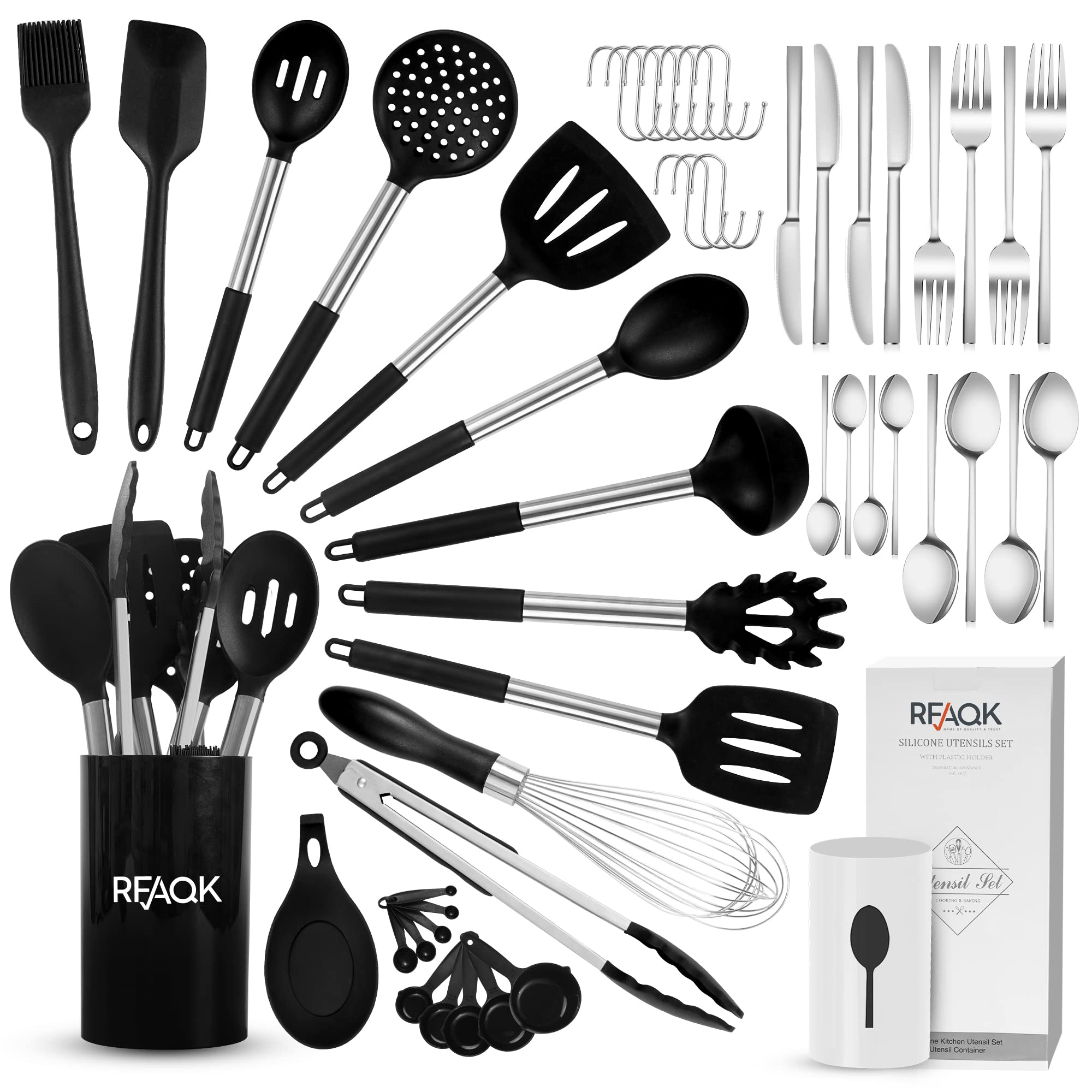 Dishwasher Safe Kitchen Utensils Set With Silverware, Rfaqk 50Pcs Silicone Cooking Utensils Set With Holder, Nonstick & Heat Res