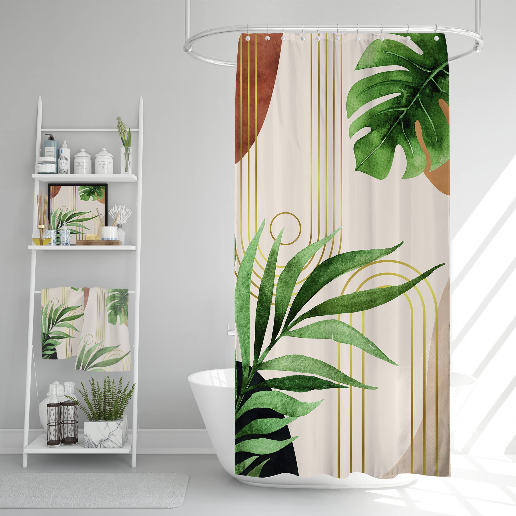 Glawry Small Stall Narrow Shower Curtain 39Wx72L Inches Single Tropical Boho Mid Century Leaves Abstract Bathroom Palm Leaf Plan