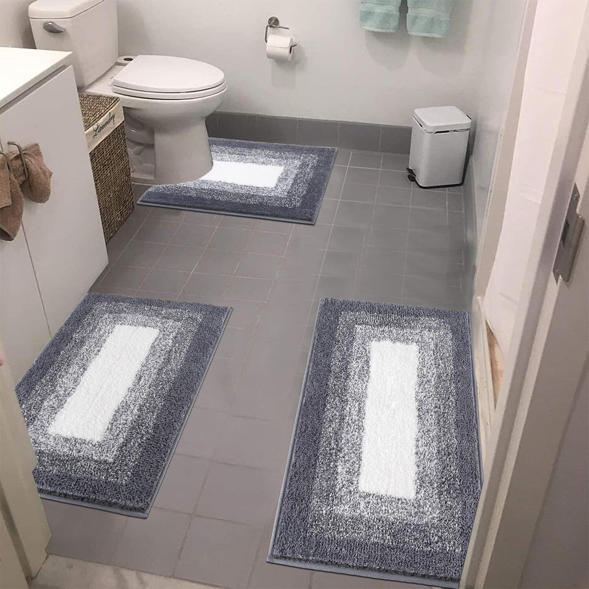 Bsmathom Bathroom Rugs Sets 3 Piece, Non-Slip Shaggy Absorbent Bath Mat Set, Machine Washable Microfiber Bathroom Mats With U-Sh