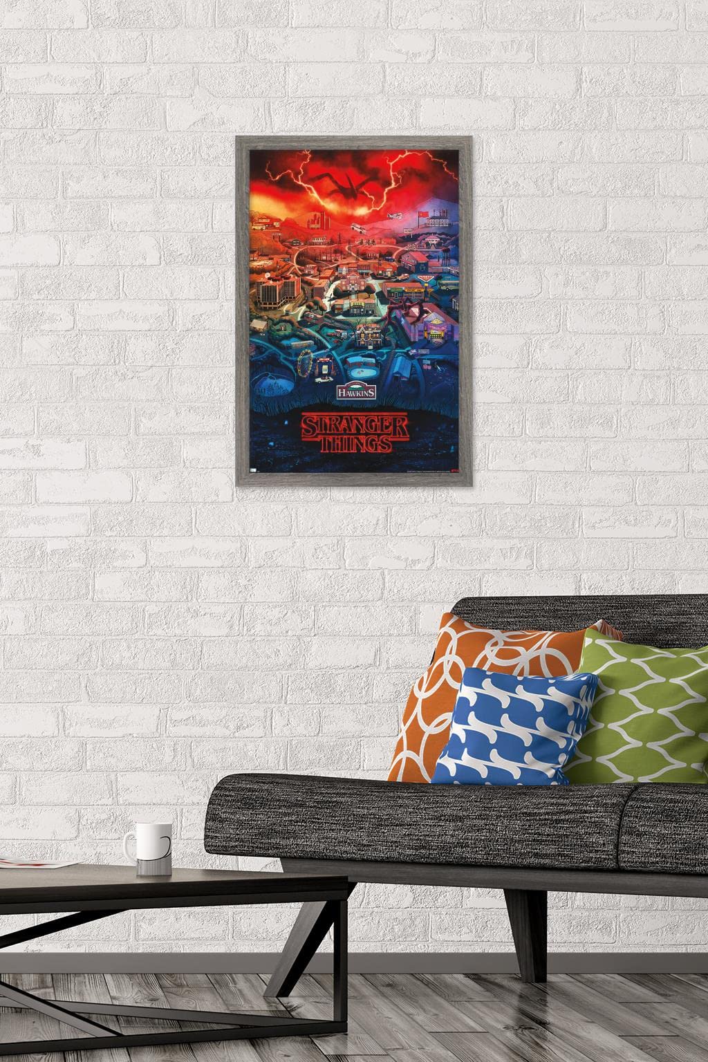 Trends International Netflix Stranger Things: Season 4 - Hawkins, Indiana Wall Poster, 14.725'' X 22.375'', Barnwood Framed Vers