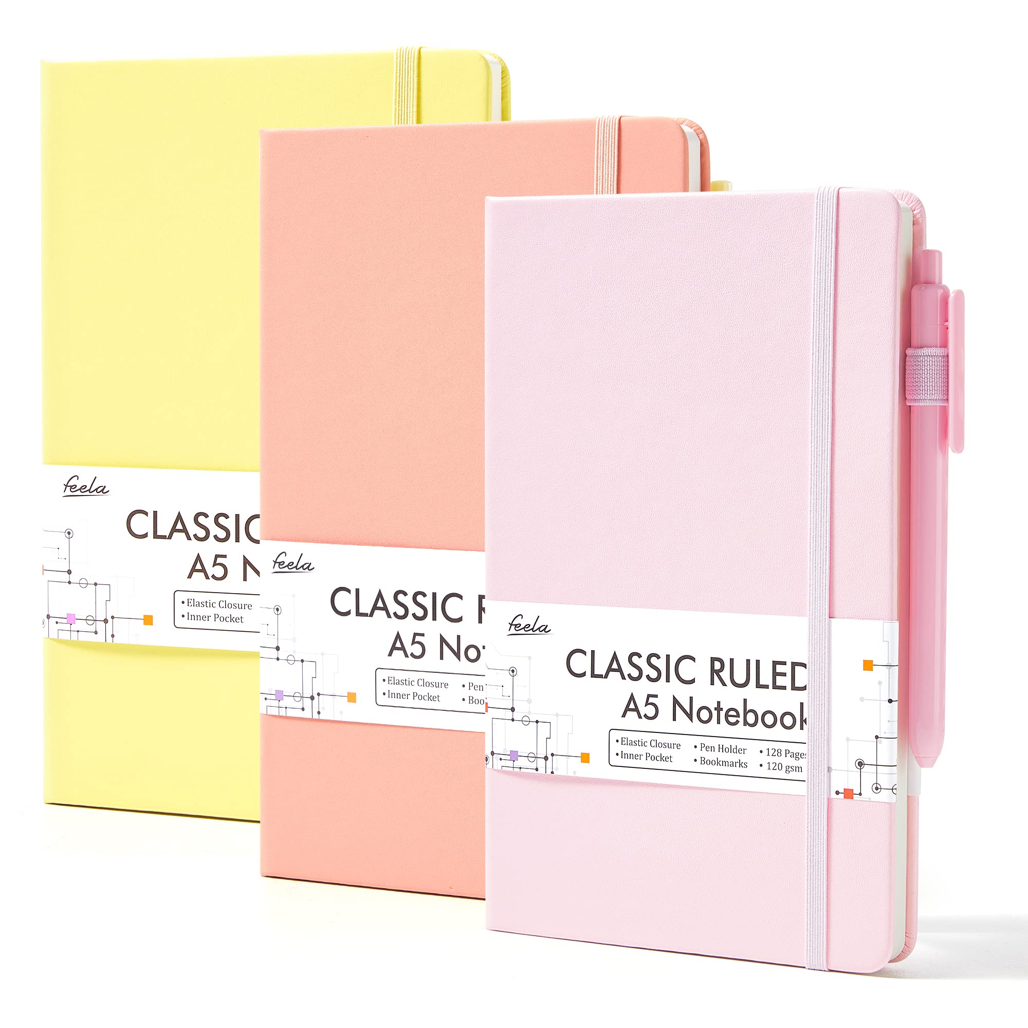 Feela Hardcover Notebook For Work, Classic Ruled Lined Journal Set School Business Supplies, With 3 Black Pens, 120 Gsm, 51Ax83A